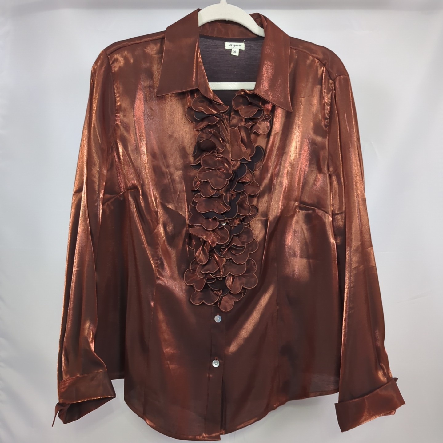 Agora Size XL Metallic Copper Ruffled Blouse Button Up Long Sleeve EUC!