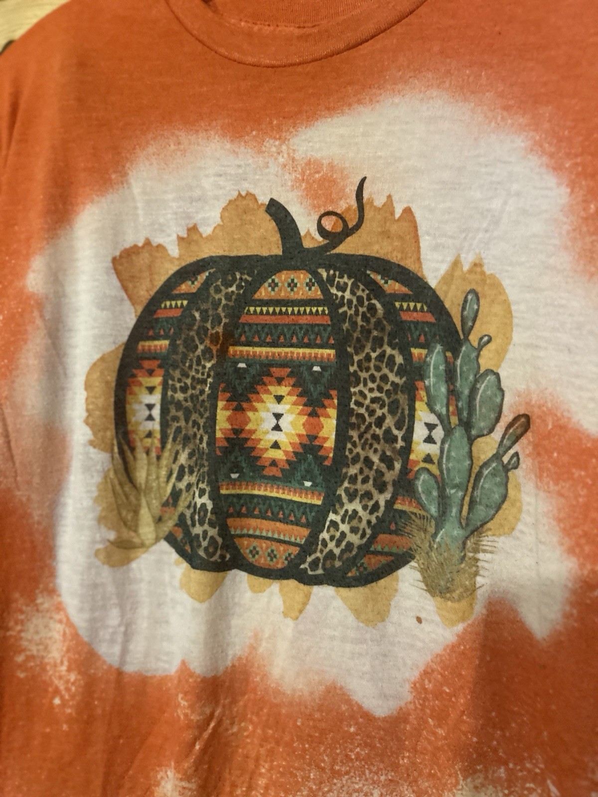 Tultex Pumpkin Graphic Tee Large Orange Bleached Aztec Western Halloween