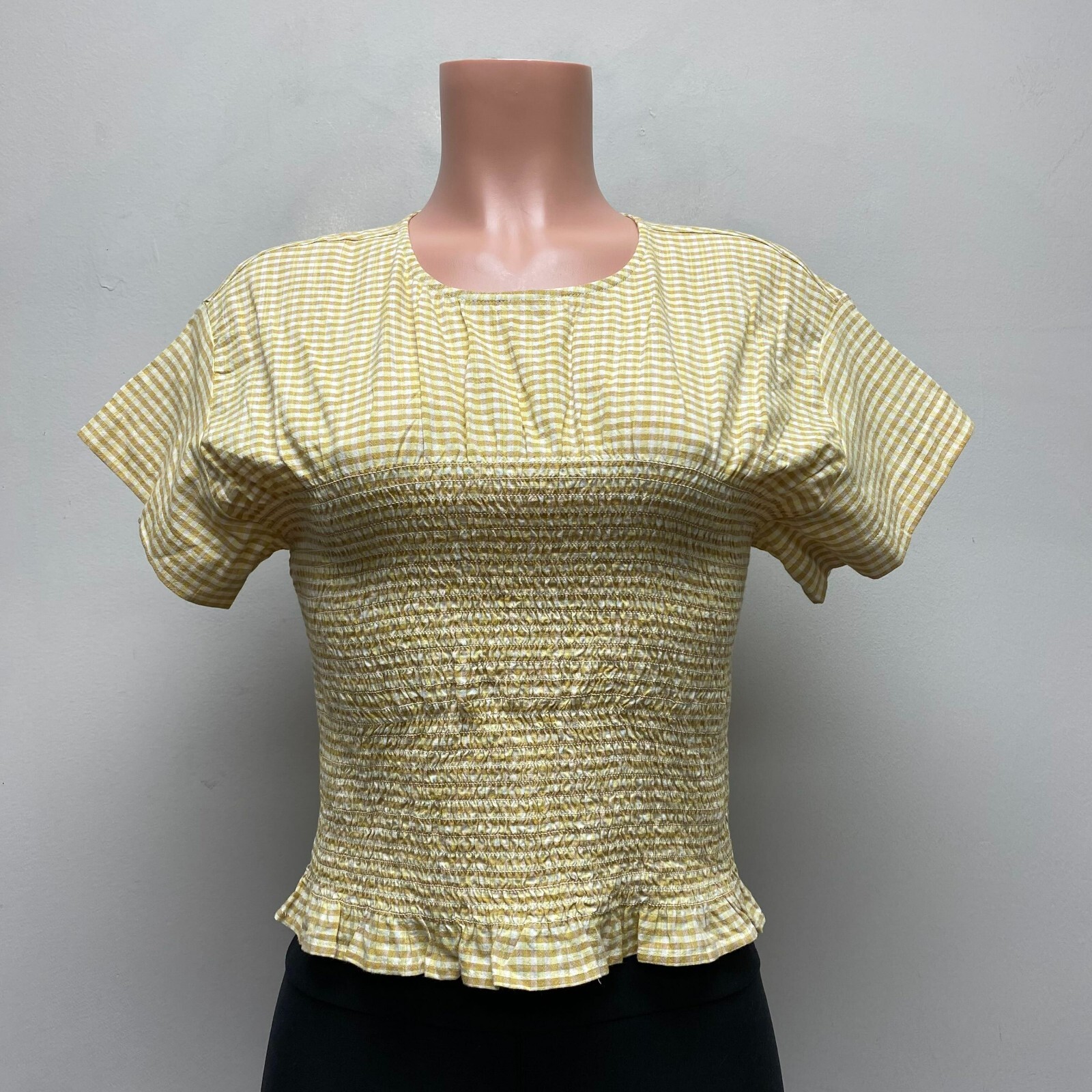 Madewell Womens Yellow Gingham Bell Short Sleeve Ruffle Smocked Soares Blouse S