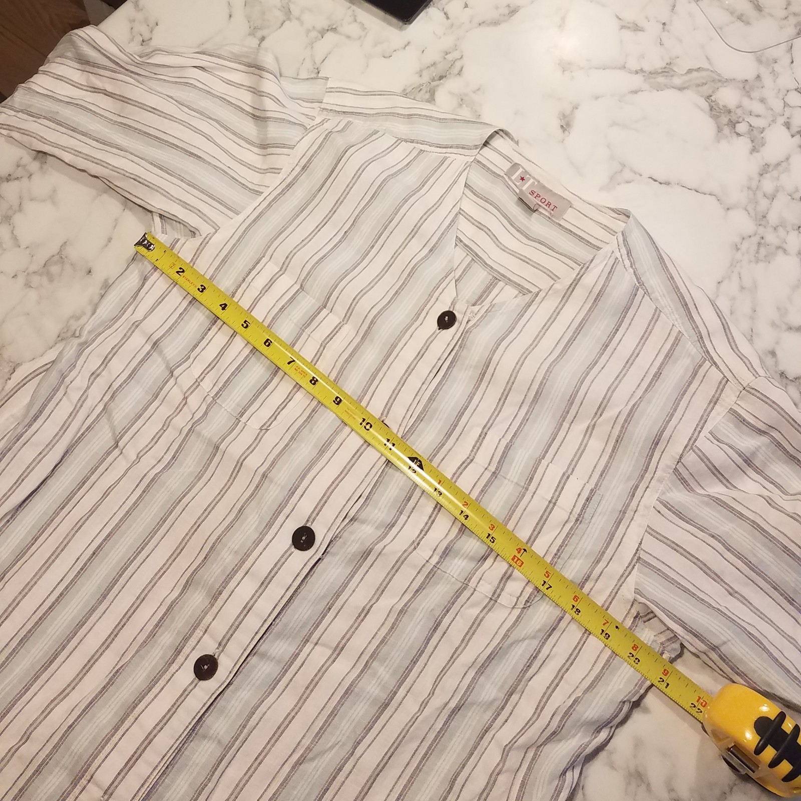 Linen Striped Shirt Button Up Long Sleeve Collarless Womens Medium Vtg S-23