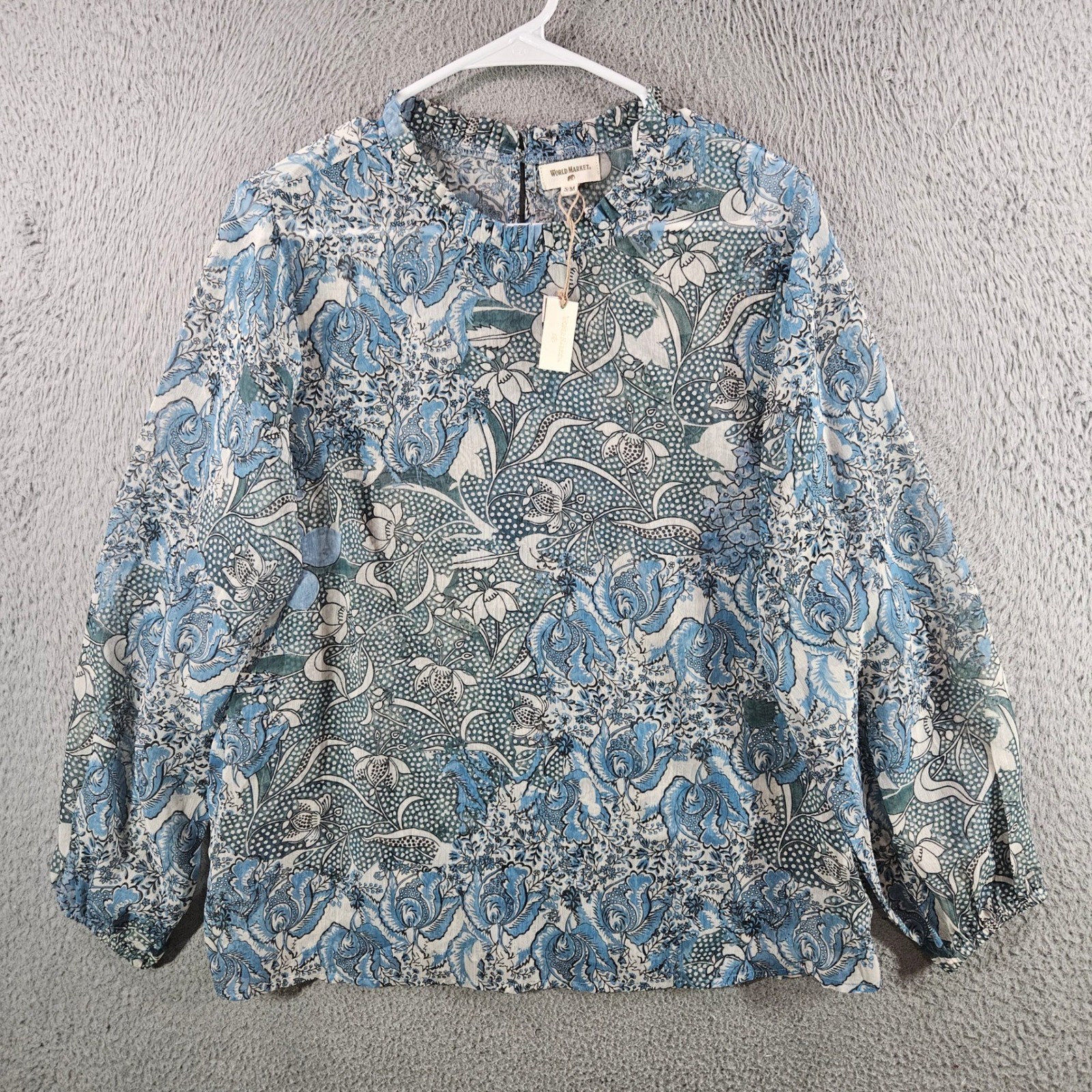 NEW World Market Womens Floral Polka Dot Ruffle Neck Blouse Blue White S/M
