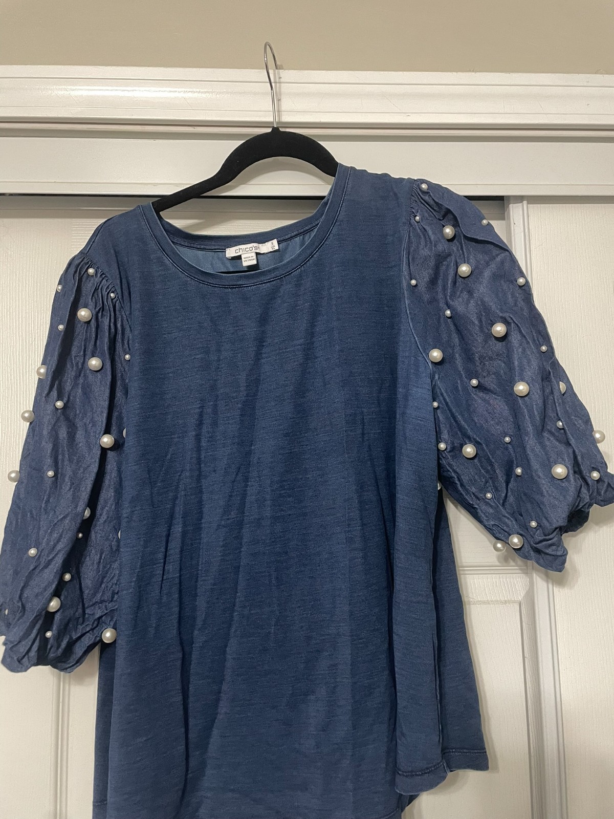 Chicos size 3 (XL) denim style shirt with pearls. Used but in great condition