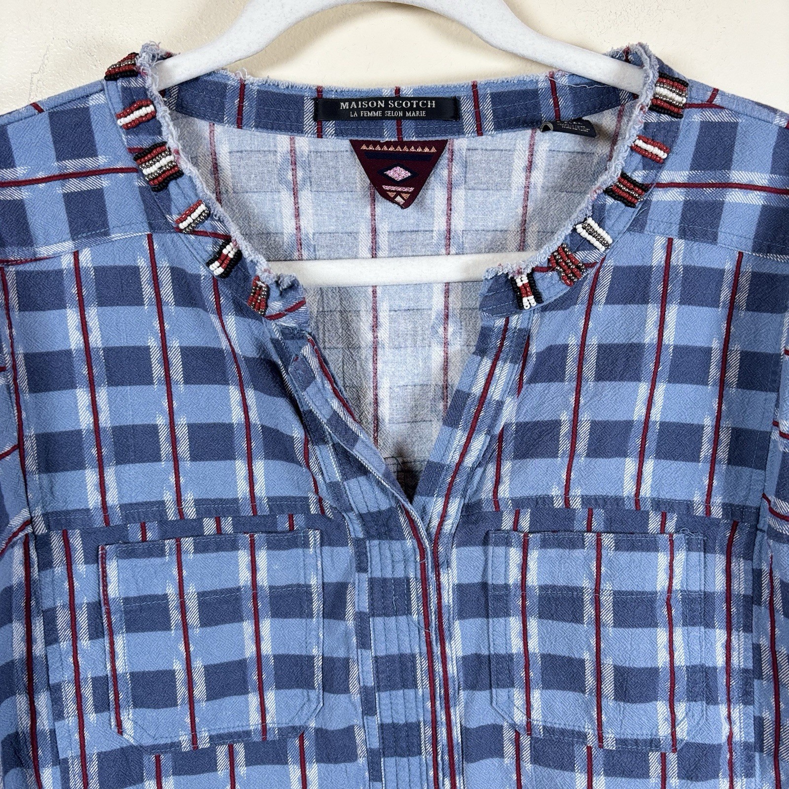 Maison Scotch & Soda Top Women’s Petite Blue Red Plaid Popover Beaded Western