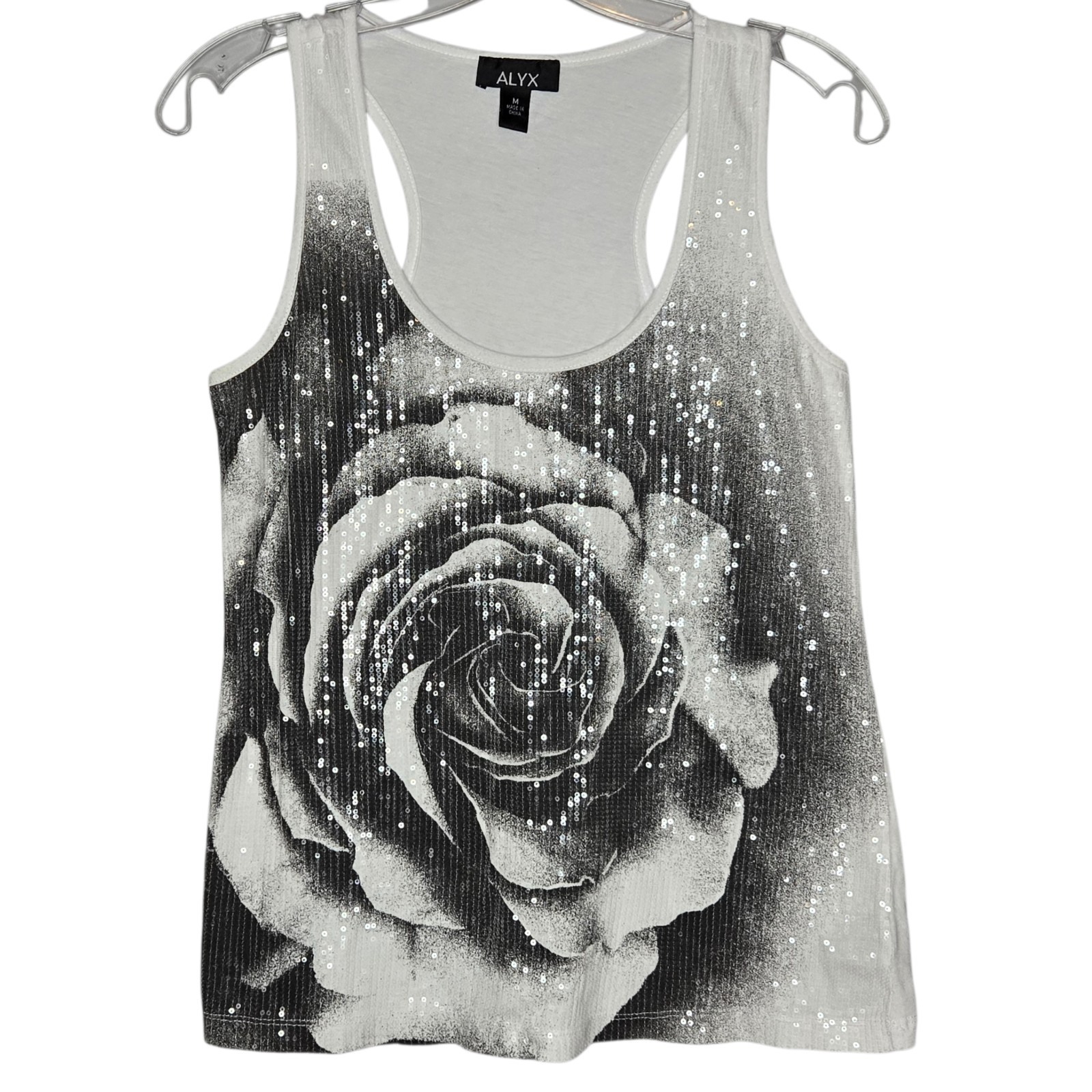 ALYX Sequin Rose Graphic Tank Top White Black Floral Racerback Cotton Women’s M