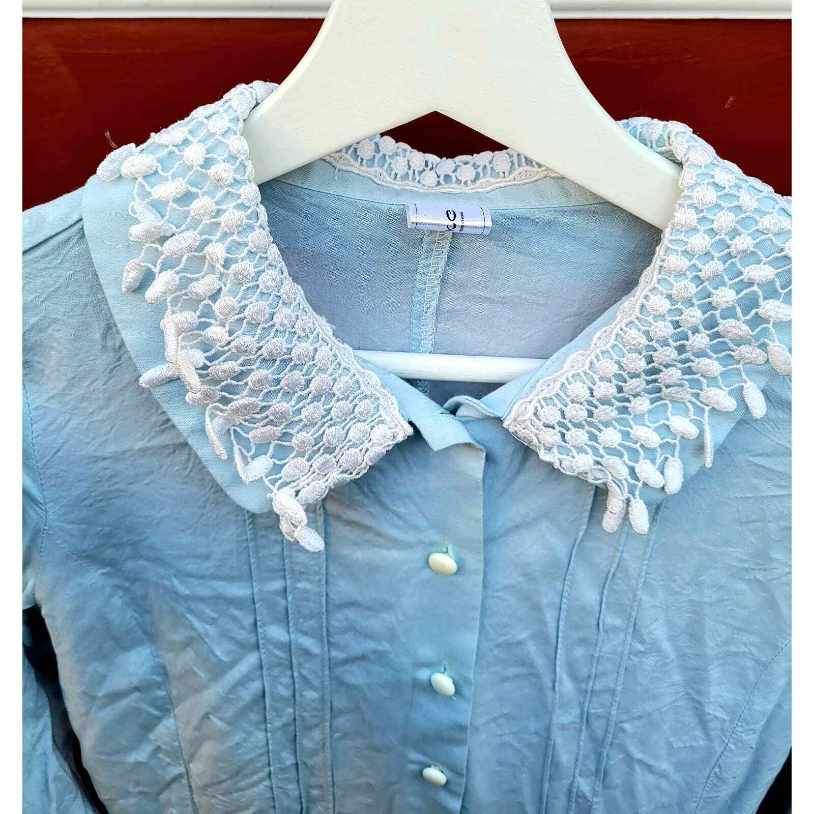 Vintage, K.C. Made in Korea Power Blue Lace Collar Long Sleeve Button Down Shirt