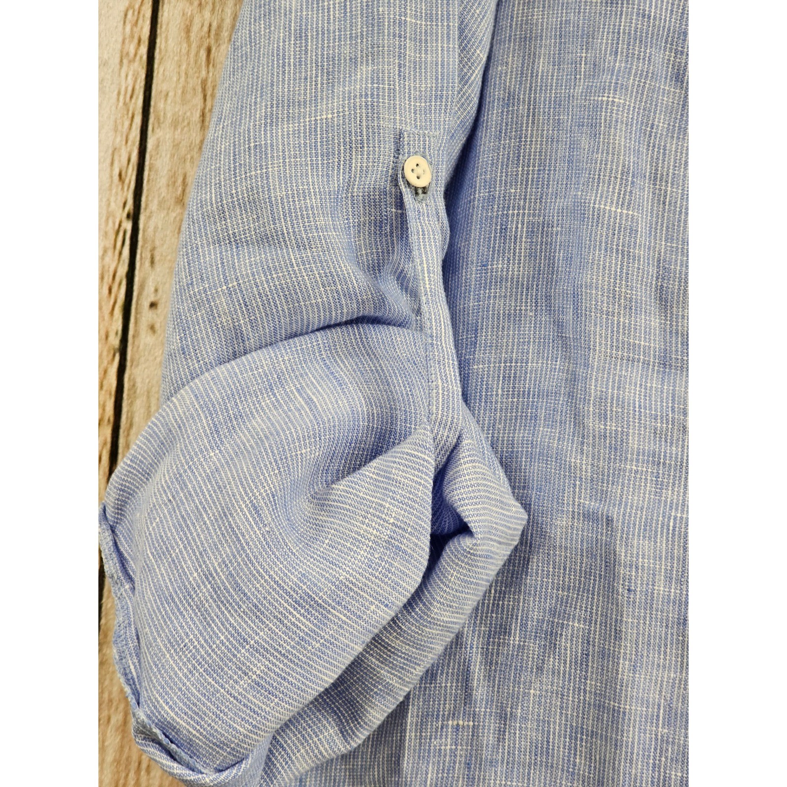 Elie Tahari Blouse Womens M Blue Striped 100% Linen Lace Pintuck Roll Tab Top