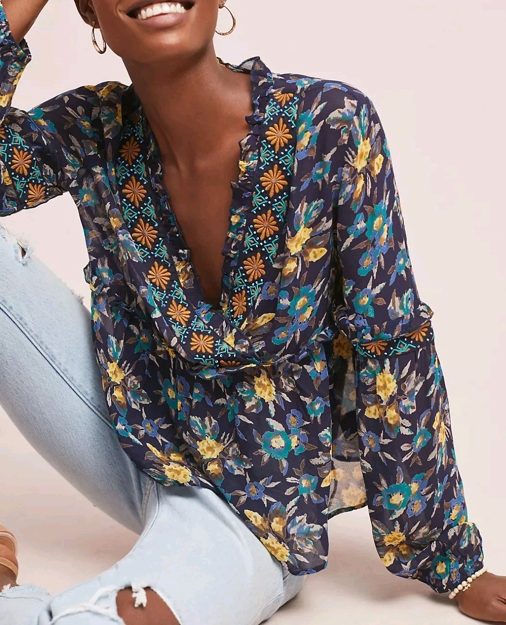 Meadow Rue Anthropologie Strasser Embroidered Blouse Beaded Top S Blue Yellow