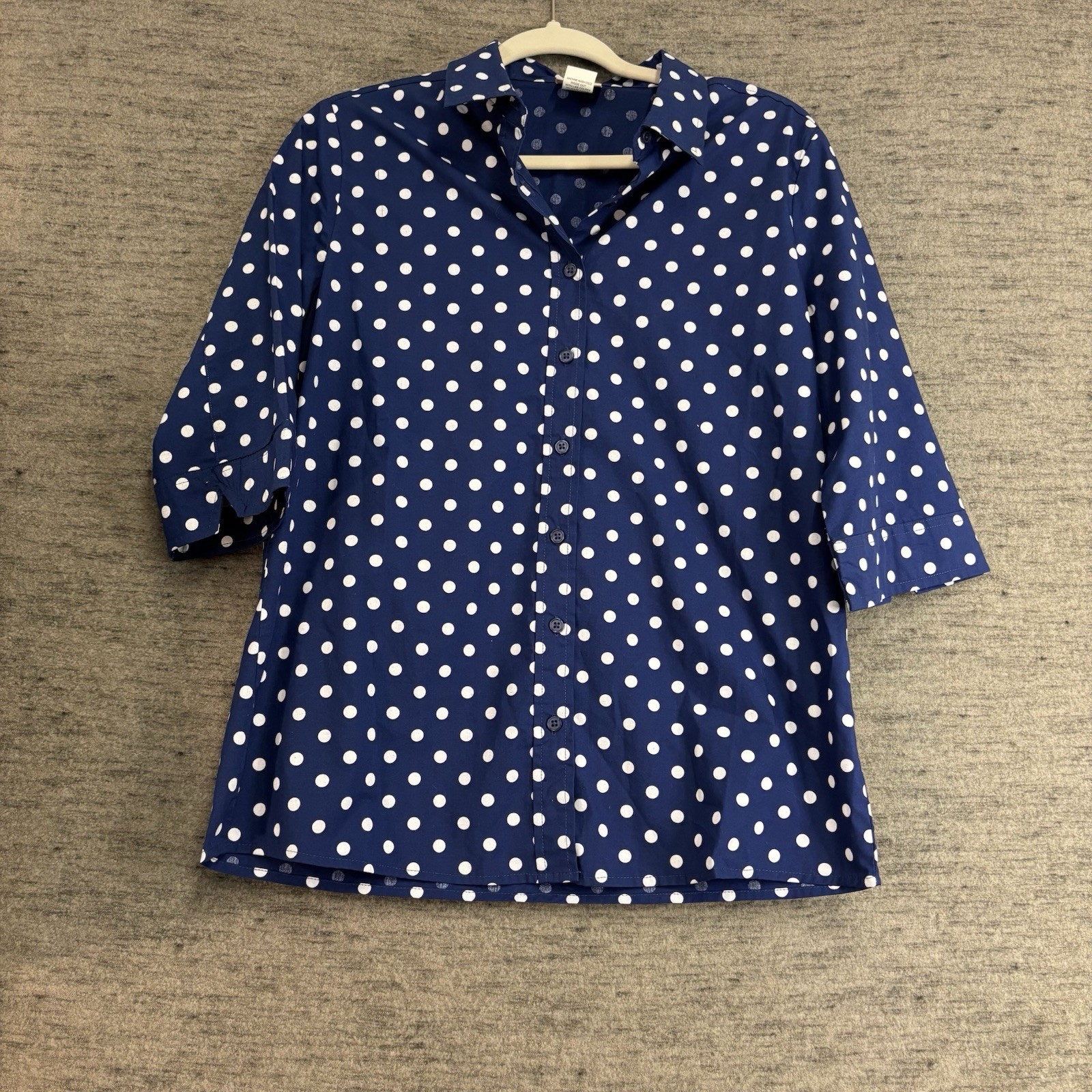American Sweetheart Blouse NWOT Medium Navy Blue White Polka Dots Classic Office
