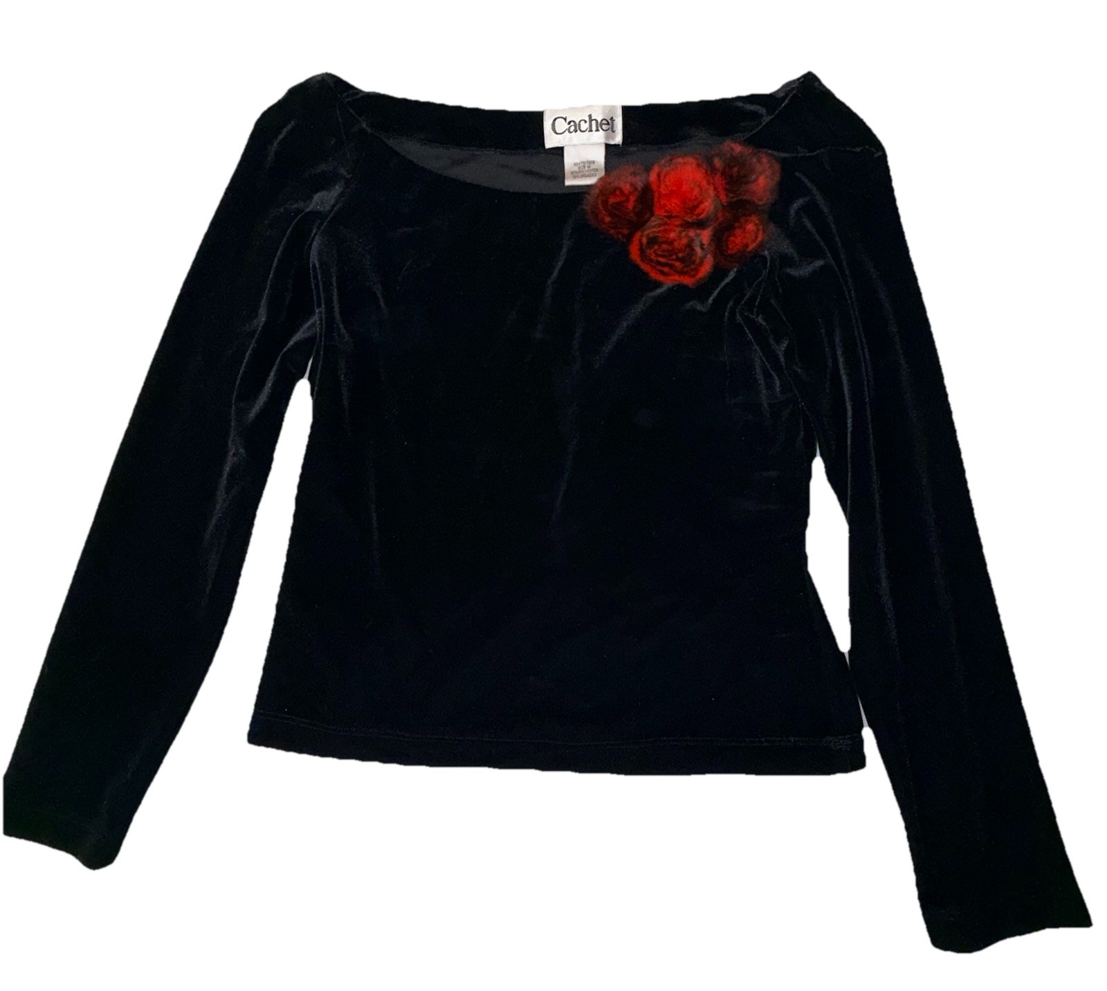 Cachet Black Velvet Womens Top Red Feathers Medium Gothic Whimsigoth Vintage 90s