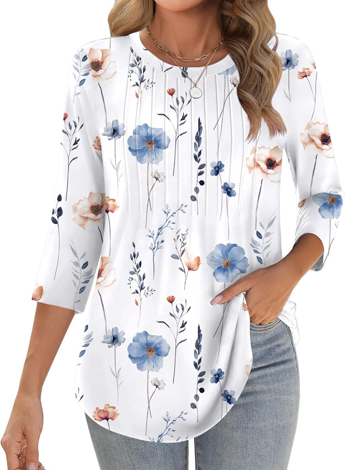 Womens 3/4 Sleeve Tunic Top Loose Fit Pleated Crew Neck Summer Casual Blouse