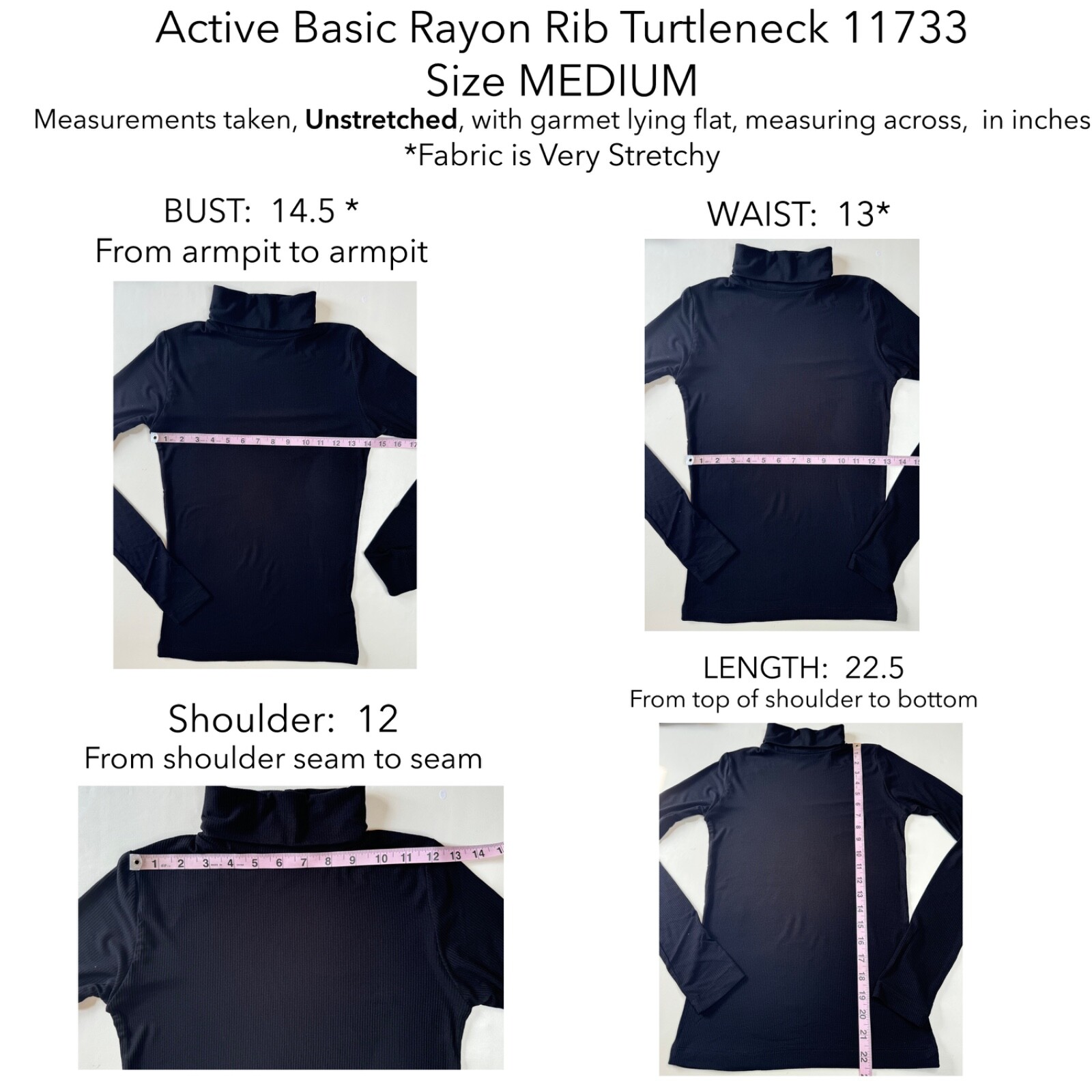 Active Basic 13174 Rayon Ribbed Knit Turtleneck Long Sleeves Form Fit Stretchy
