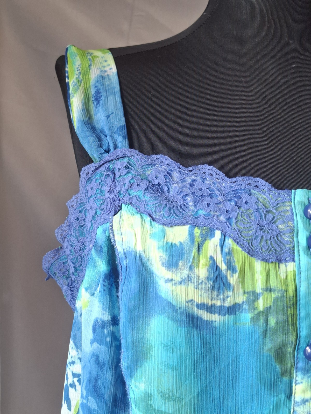 Y2K Per Una Festival Ruffle Hem Boho Fairy Cami Top Lace Trim Blue Green Tunic