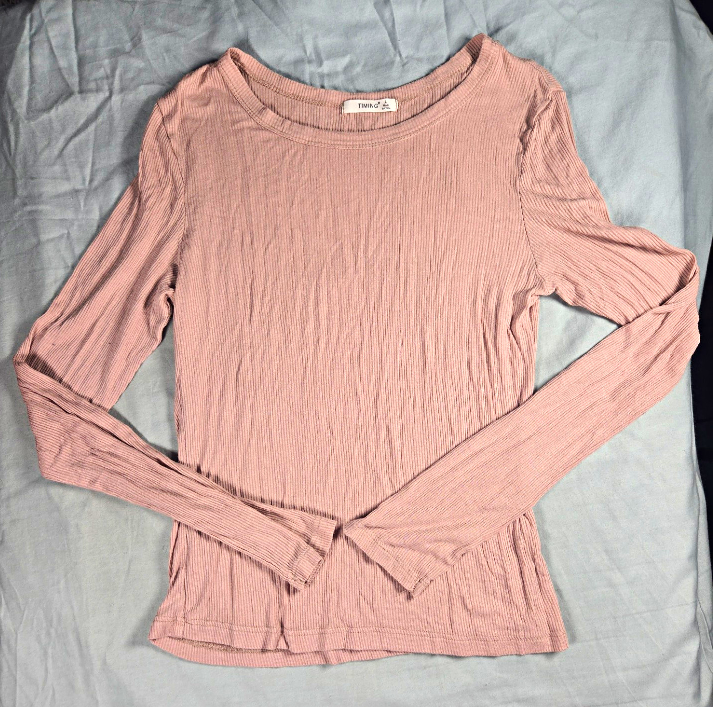 TIMING Women’s Pink Peach Solid Ribbed Knit Round Neck Long Sleeve Tee Size L
