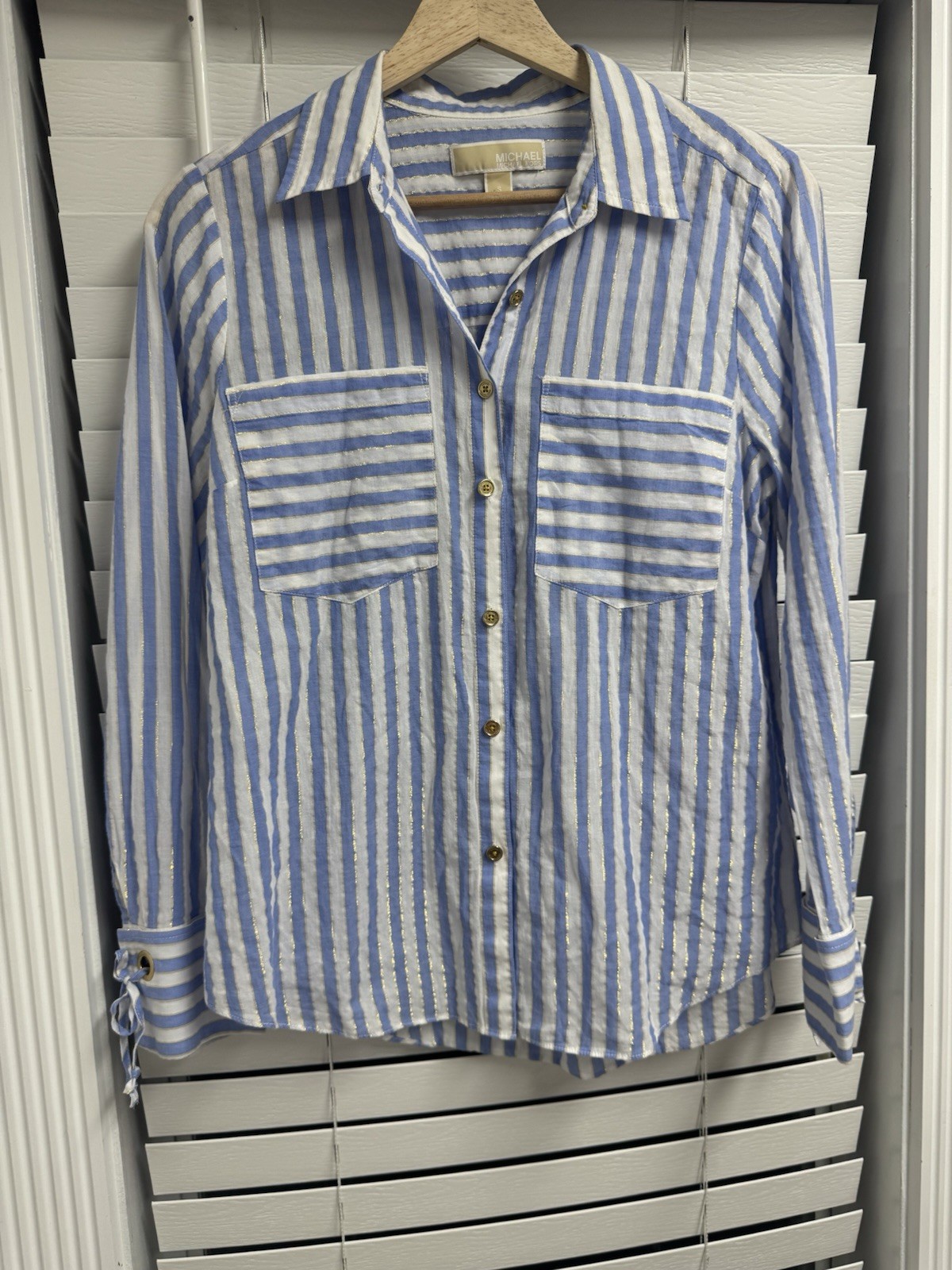 Michael Kors Blue & White Striped Gold Style Long Sleeve Button Up Women’s S