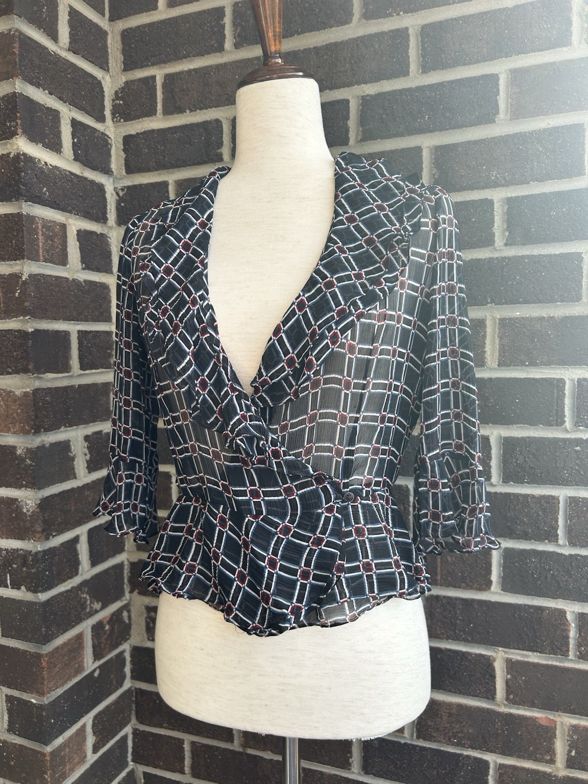 Jones Of New York Retro 40s Style Silk Chiffon Wrap Blouse Shirt Top Size 4 EUC