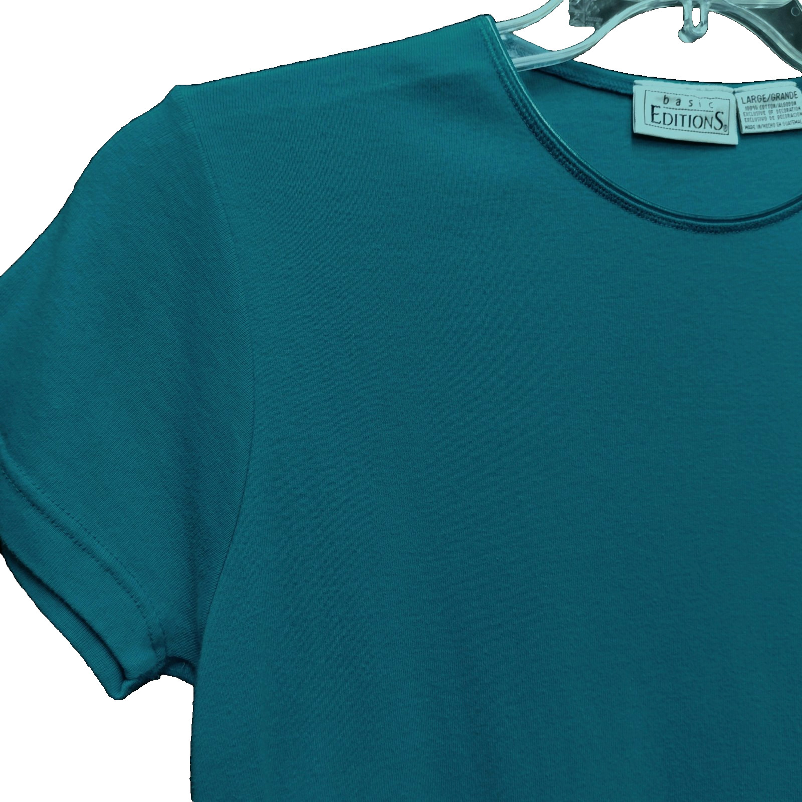 L BASIC EDITIONS KMART 100% COTTON STRETCH RIB KNIT BLUE SATIN TRIM TOP T-SHIRT