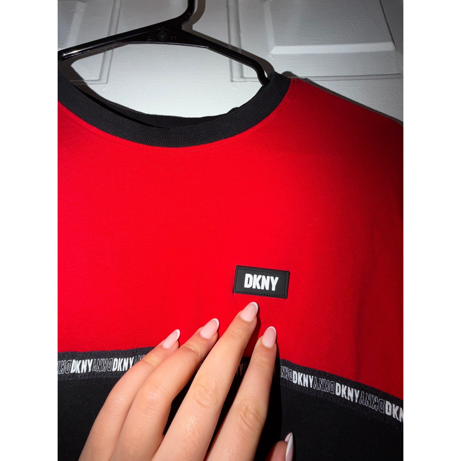 DKNY Red Black Colorblock Logo T-Shirt