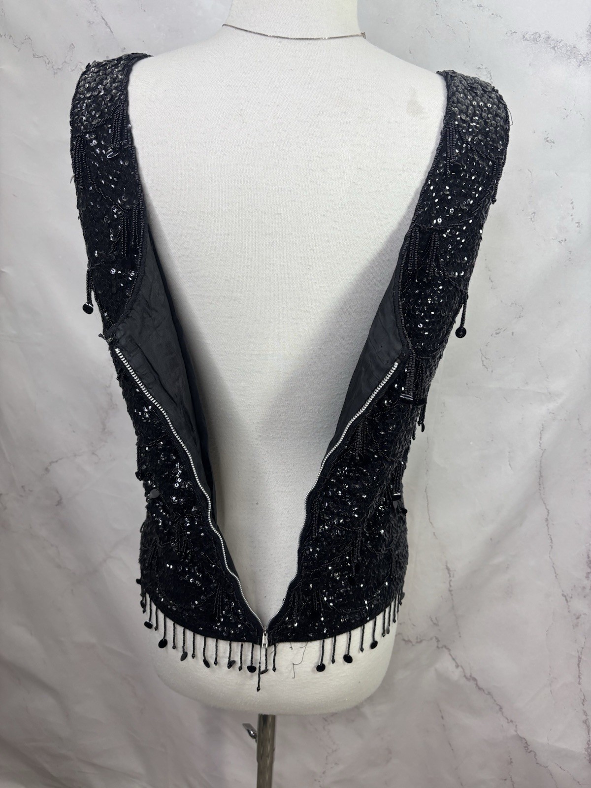 Vintage 60s Flapper Black Shiny Beaded Blouse Top Fringe Sequins Silk M Glam