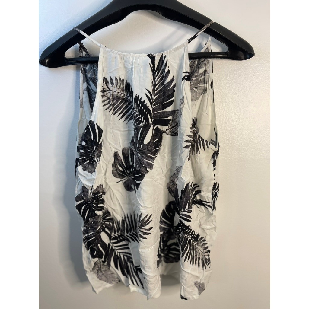 Old Navy Womens Large Black White Tropical Palm Leaf Rayon Cami Tank Top V-Neck
