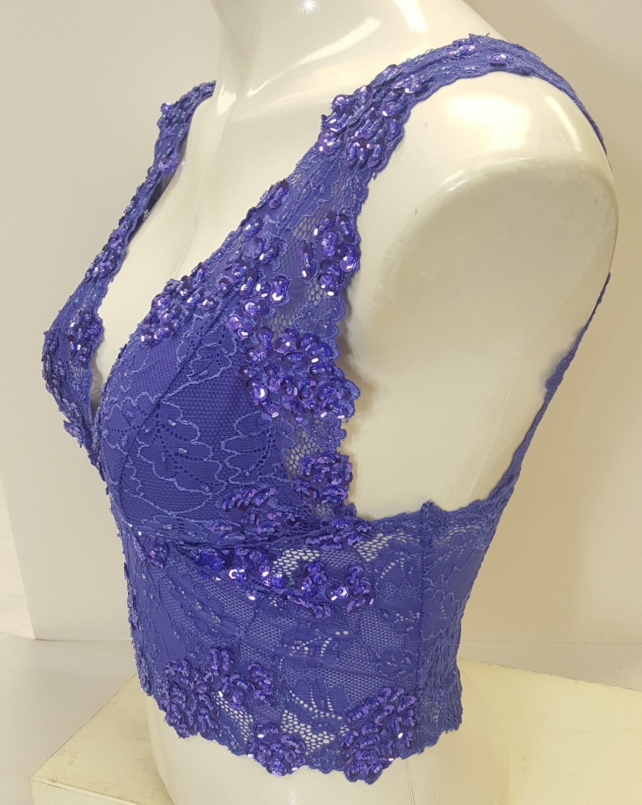 Blue color hand decorated crop top cami tank blouse lace with sequins & beads