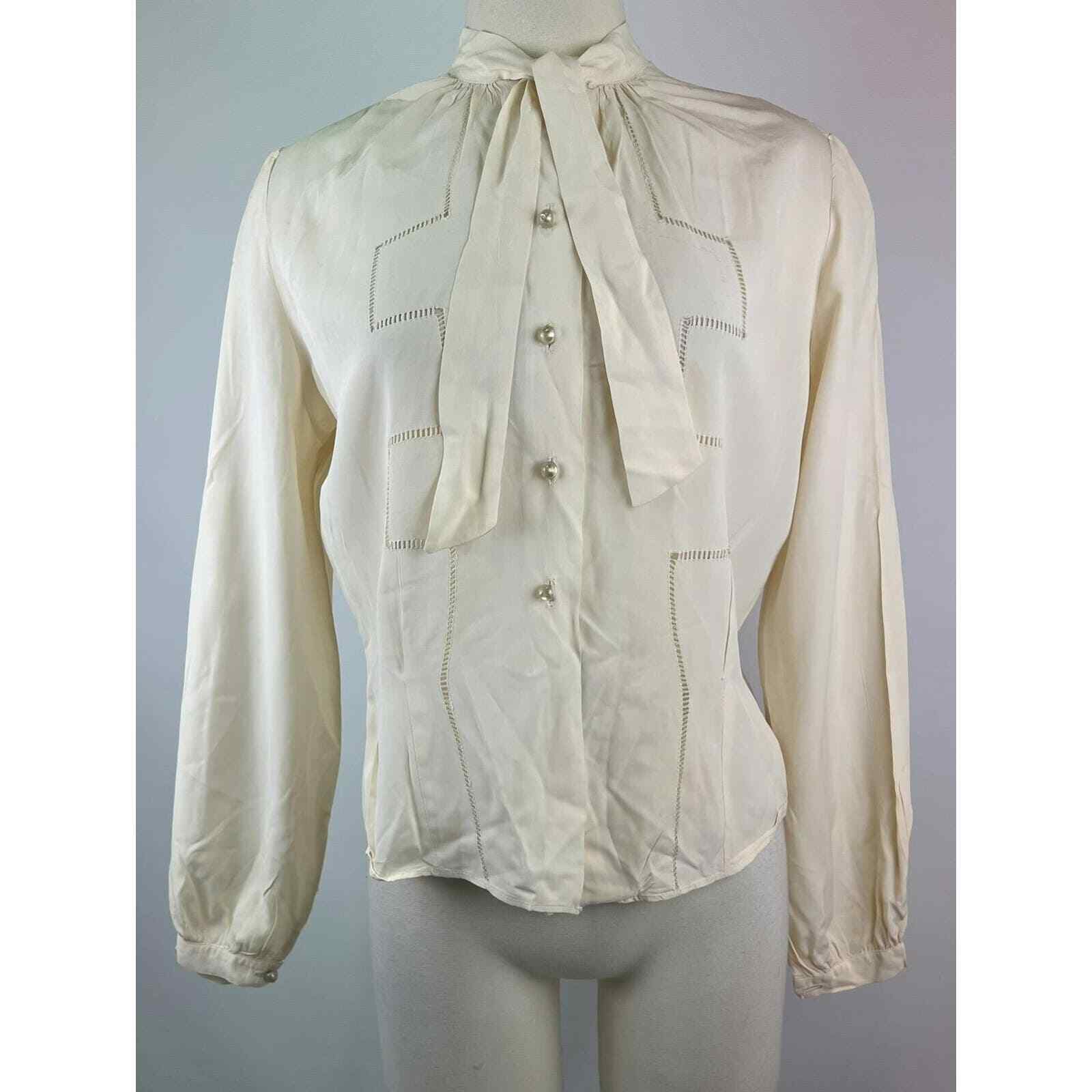 Vintage 40s White Long Sleeve Button Up Tie Neck Blouse