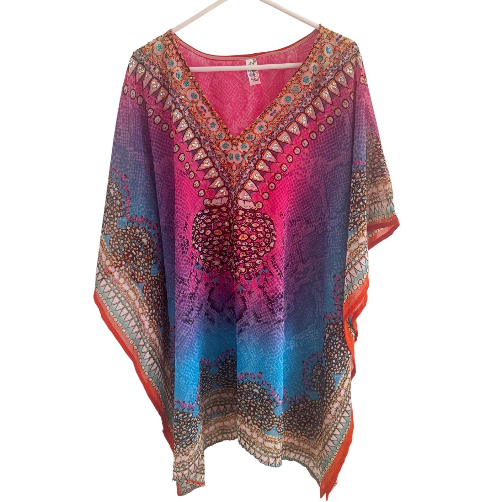 India Boutique Embellished Kaftan Top Pink Purple Blue Ombre Rhinestone OS