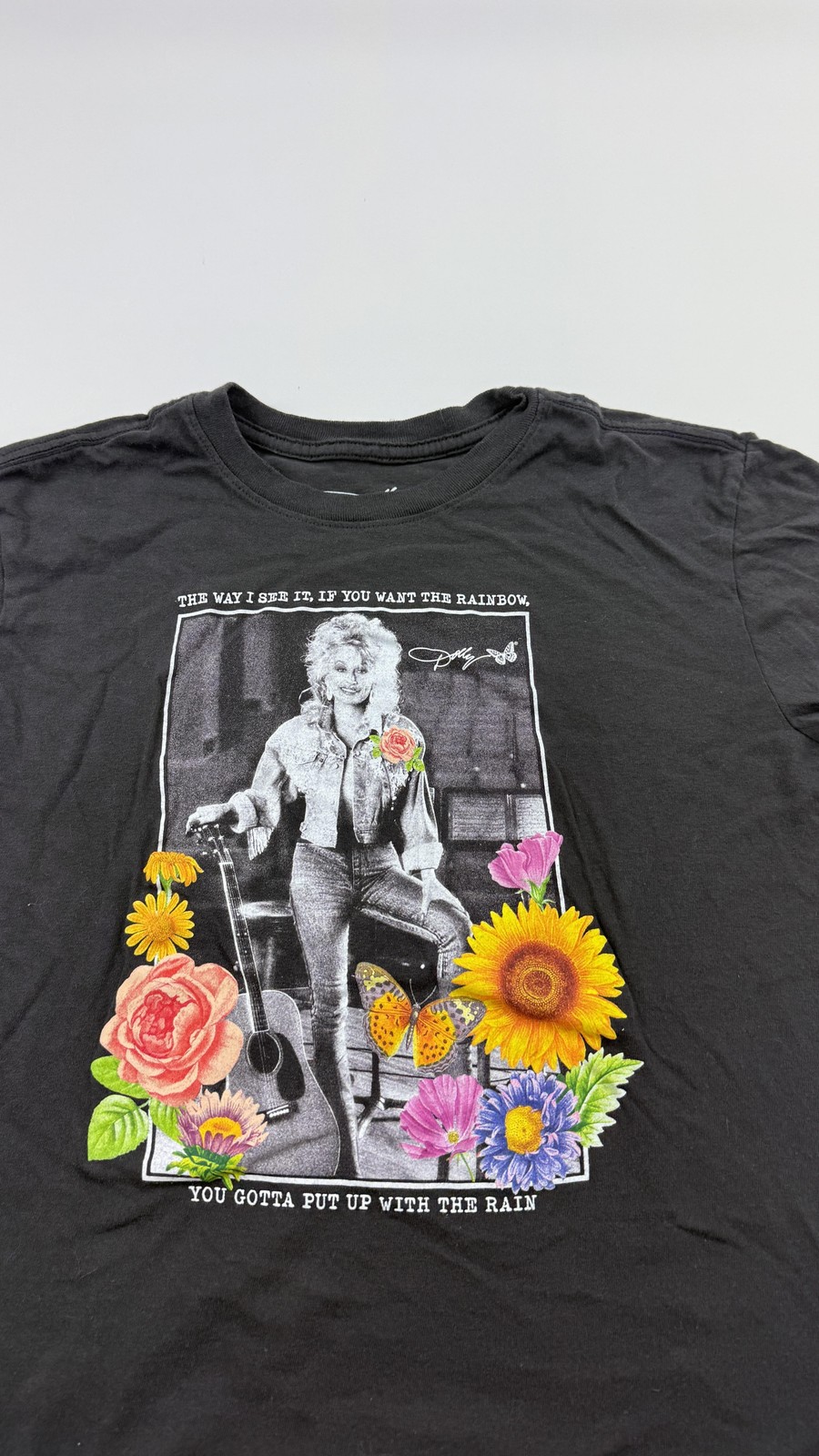 Dolly Parton Shirt Womens Medium Black Rainbow Quote Flowers Country Music Tee