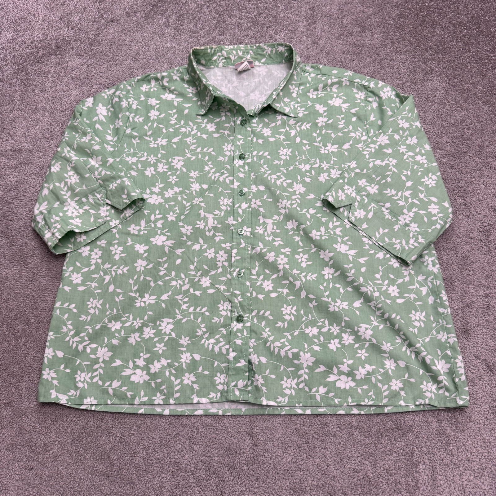 American Sweetheart Button Down Shirt Women XL Petite Green White Floral Cottage