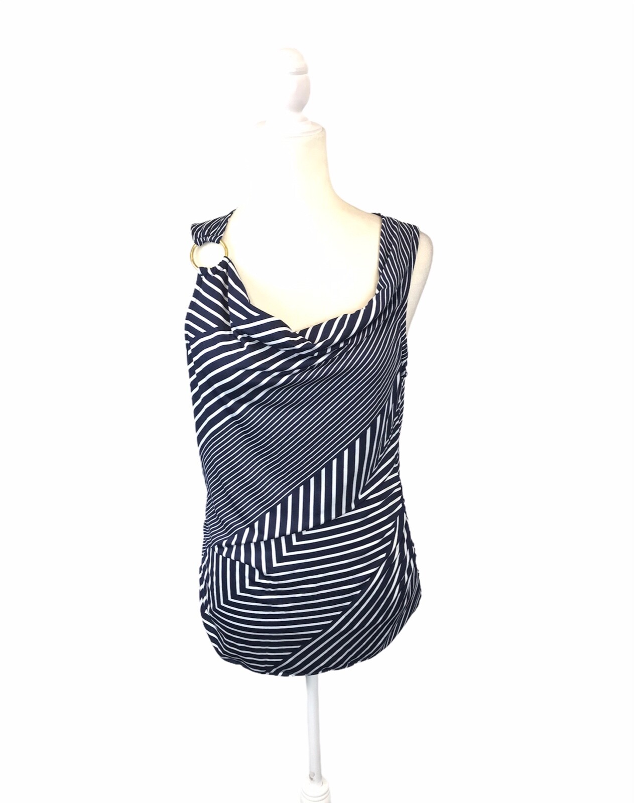 Robert Louis Womens Size M Stripe Blue White Sleeveless Top Drape Neckline EUC