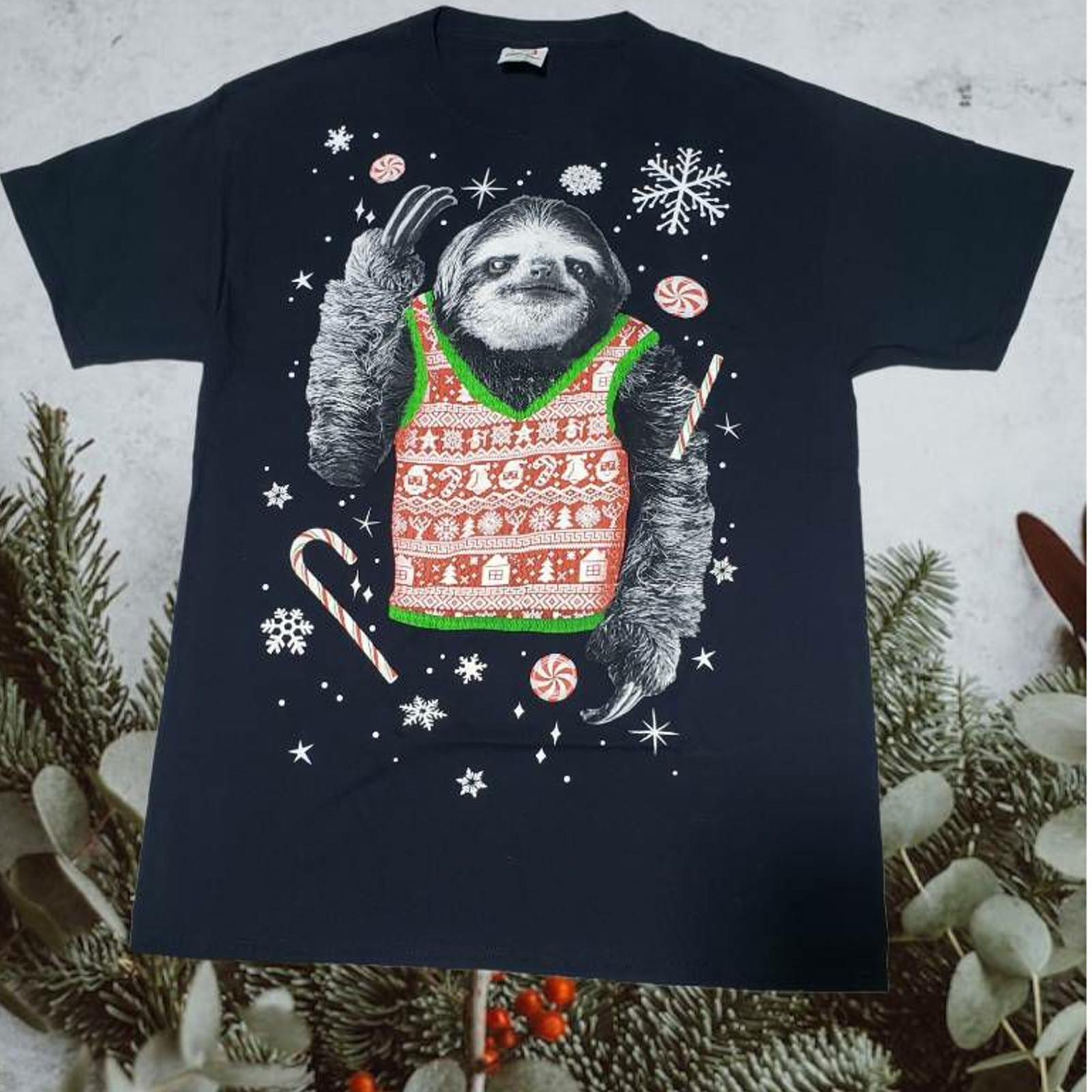 Ugly Christmas Sloth T-Shirt Dec 25th Cotton Black Graphic Crew Small