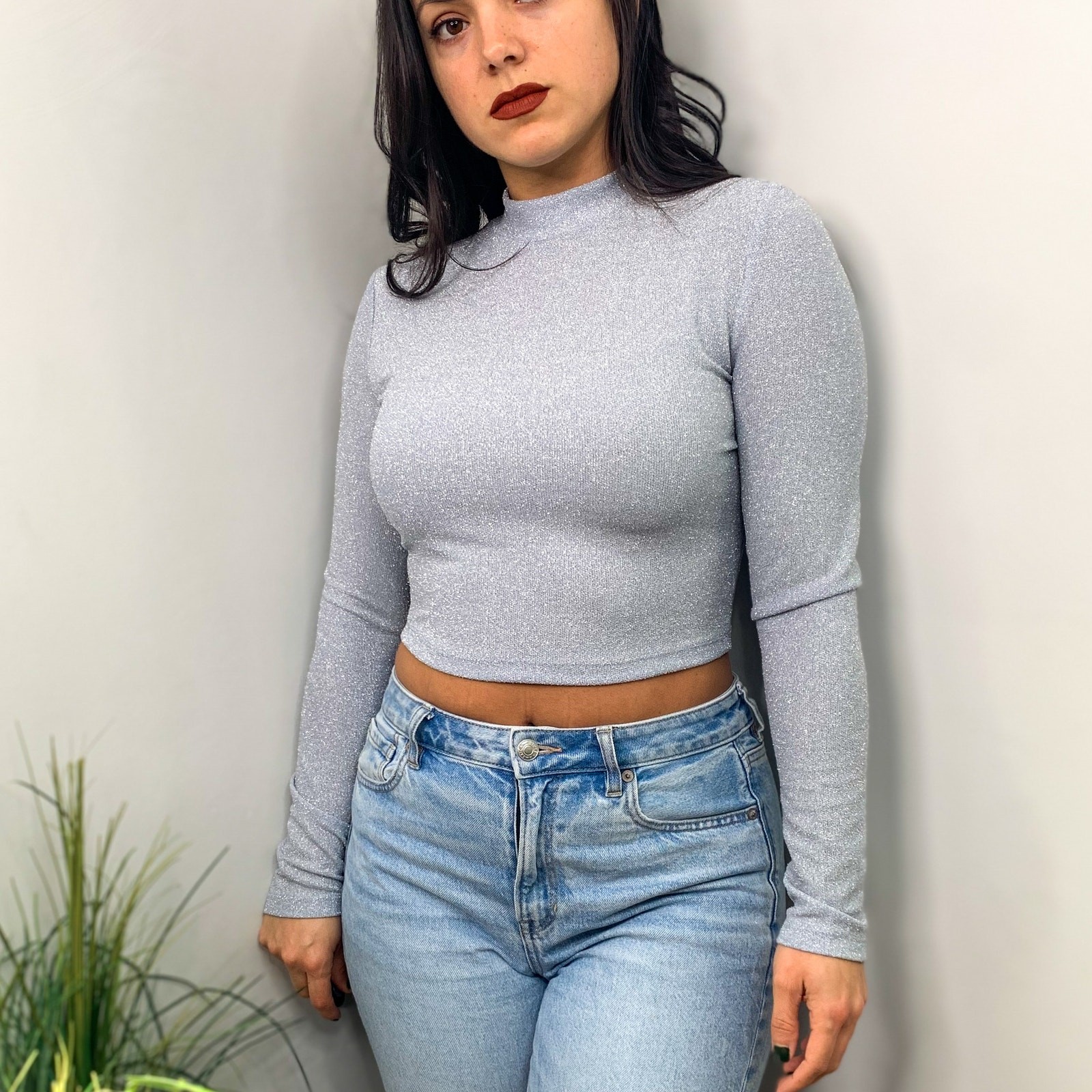 Elodie Blue Sparke Crop Top Long Sleeve Cut Out Mock Neck Open Back Top SMALL