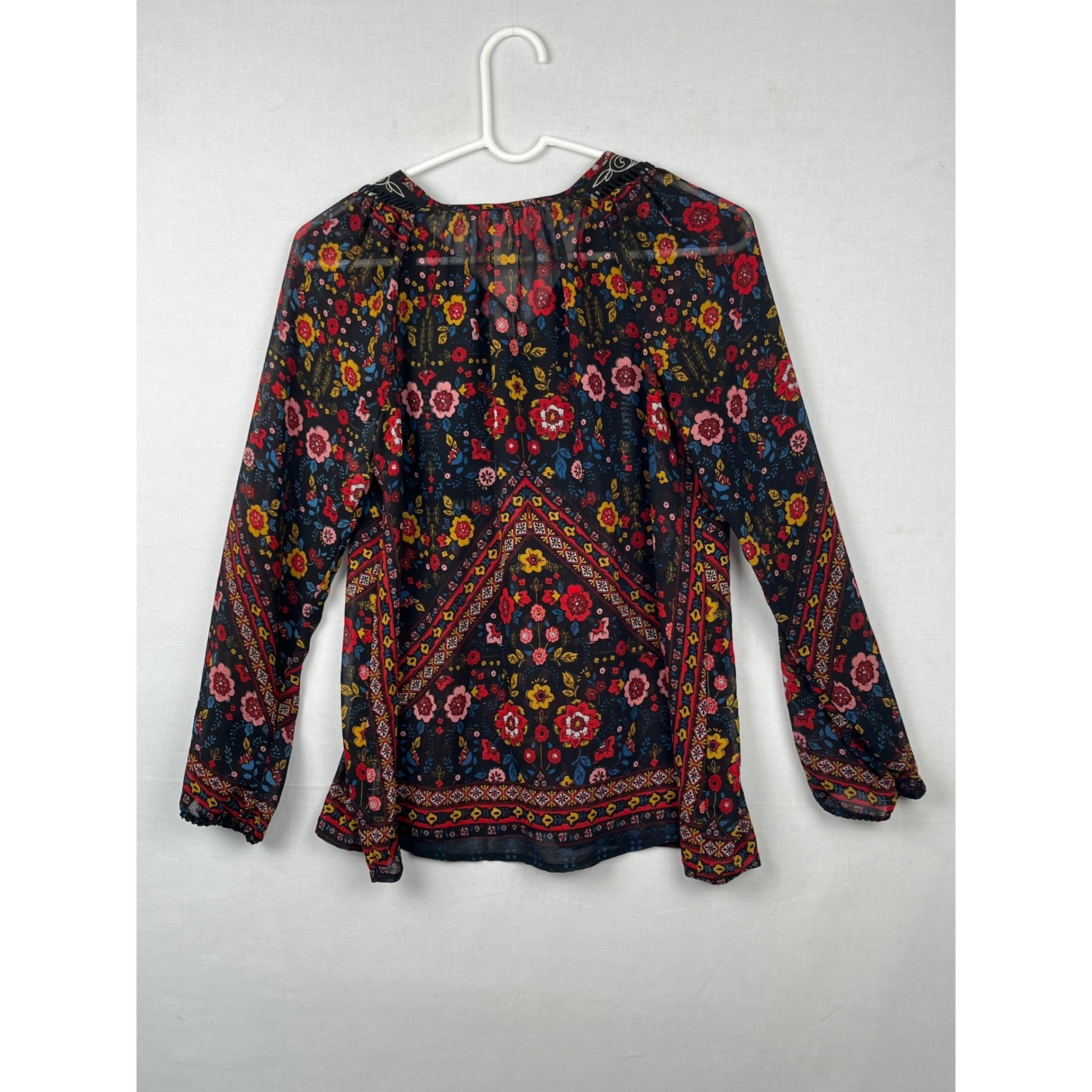 Xhilaration Floral Embroidered Boho Blouse Womens Small Long Sleeve Tassel Black
