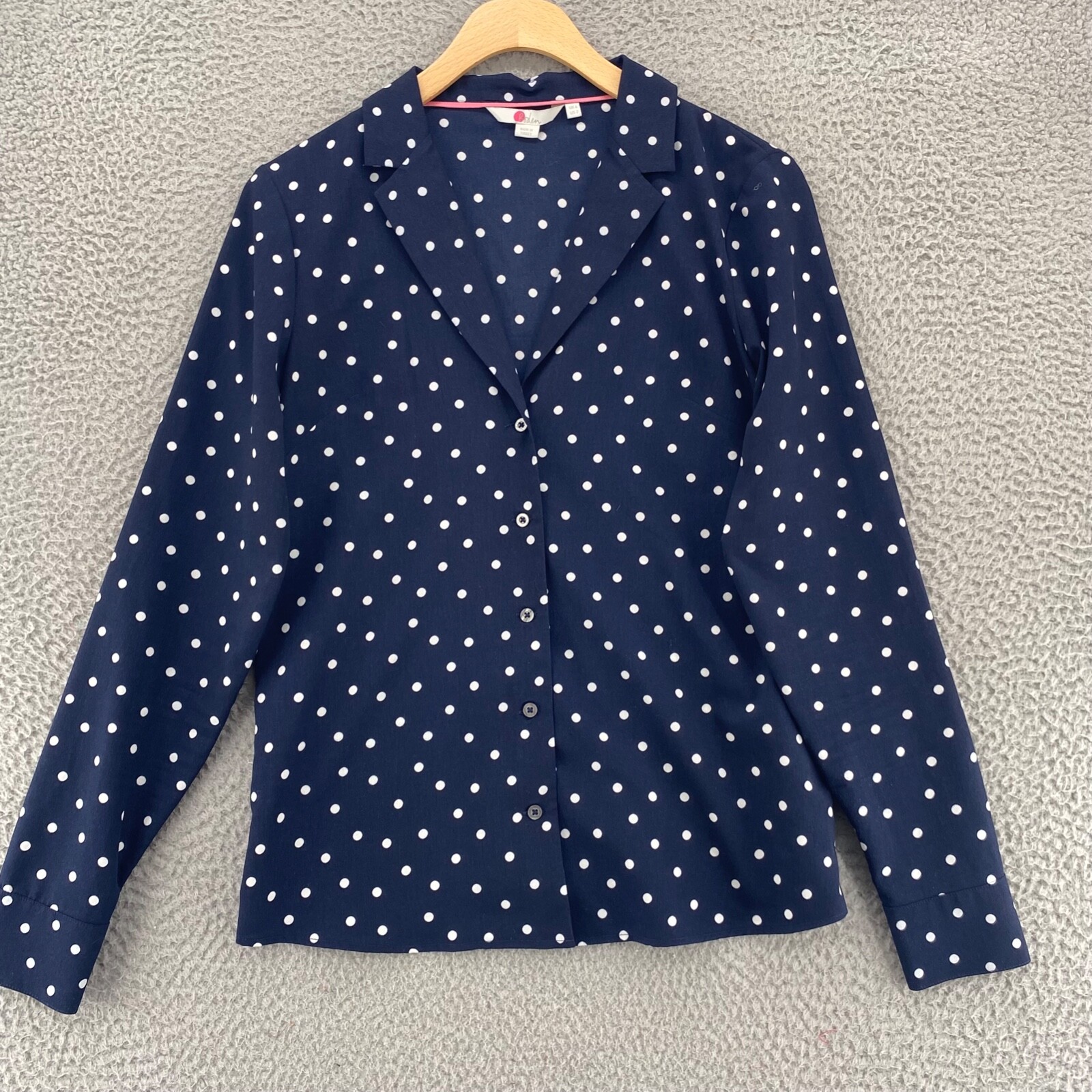 Boden Shirt Women 2 Navy Polka Dot Button Up Long Sleeve Notch Lapel Office Work