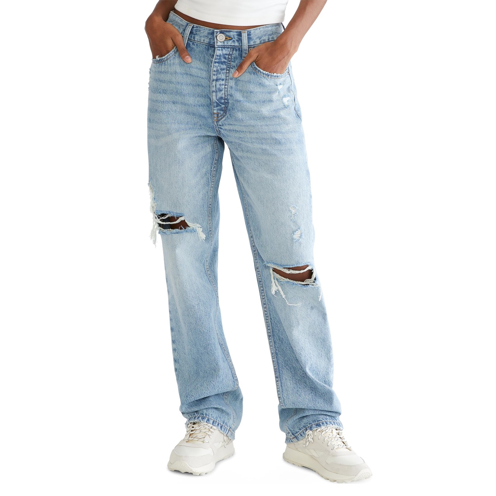 Aeropostale Womens Baggy Jeans Size 8 Regular Medium Wash Distressed Ripped