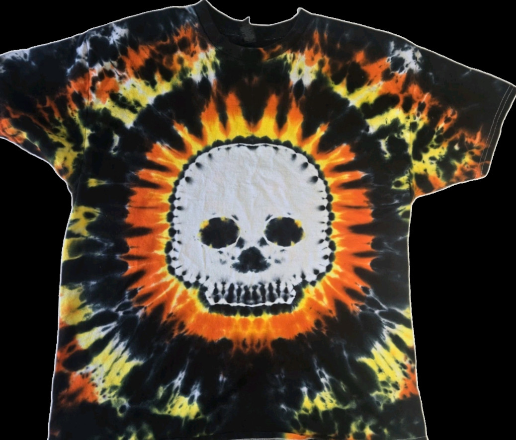 Adult Unisex Tie Dye Shirt Halloween Flaming Skull (Front Only). Made to Order