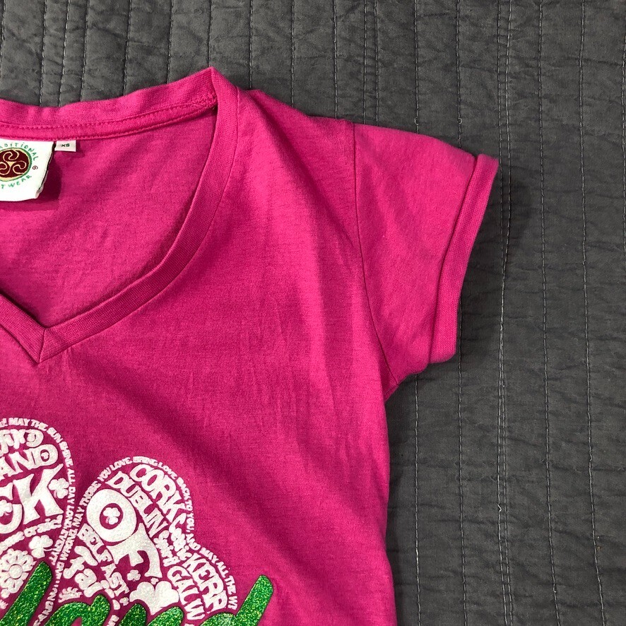 Traditional Craftwear T Shirt Women XS Pink Glitter Bling Ireland Luck Irish Tee