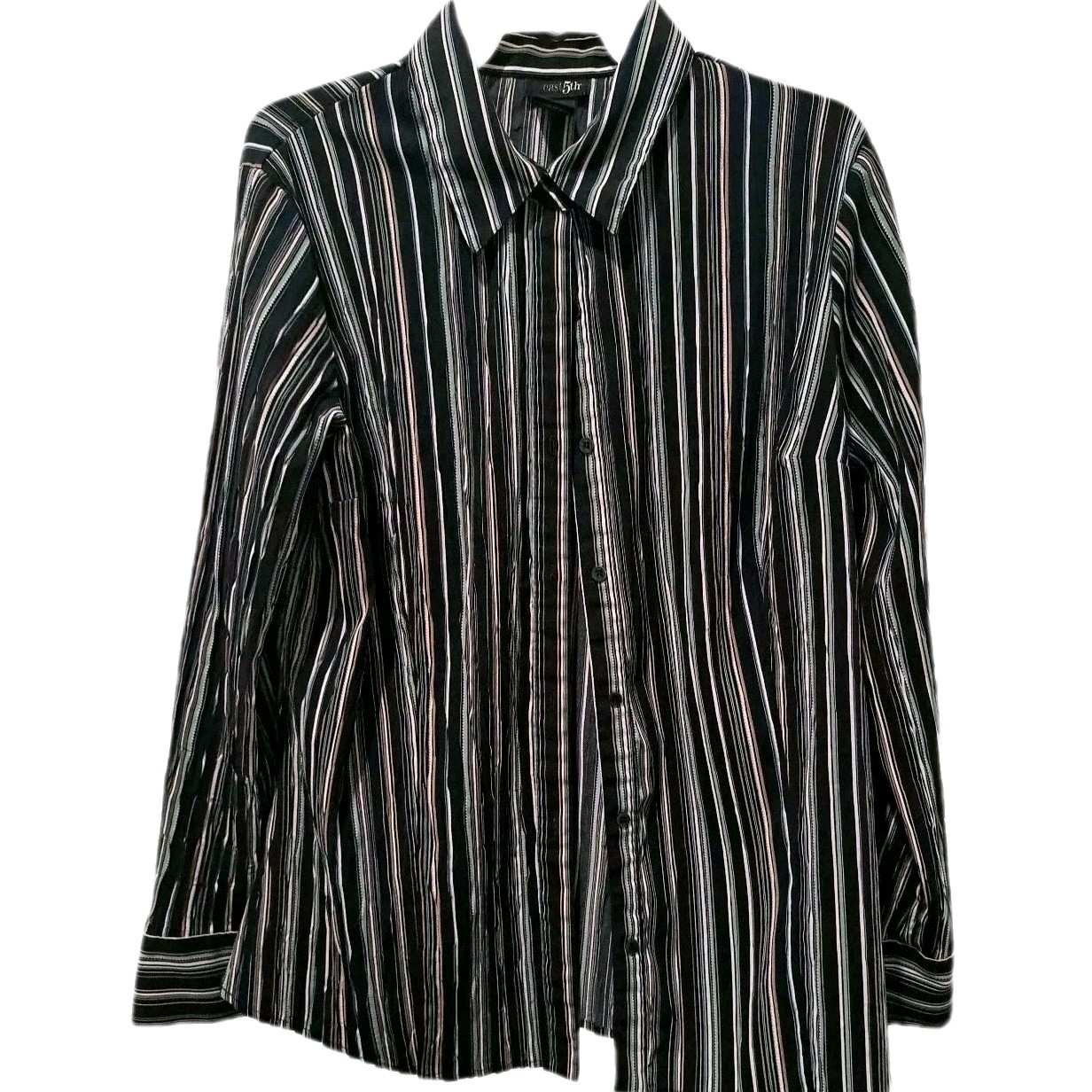 NEW-East 5th Women’s Black White Multicolor Striped Top Size 1X- LS Classic