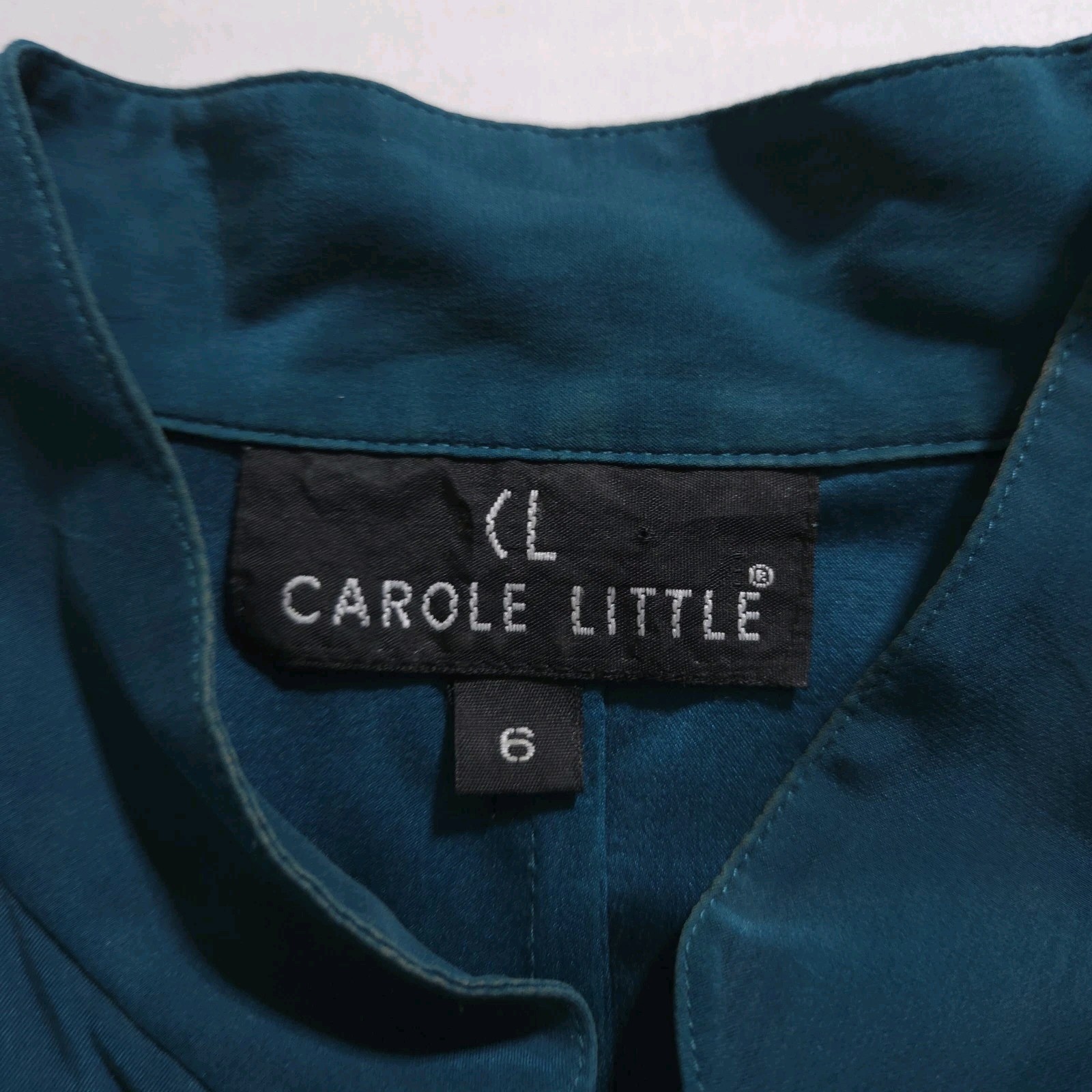 Carole Little 100% Silk Japanese Knot Blouse Top Teal Mandarin Collar VTG Womens