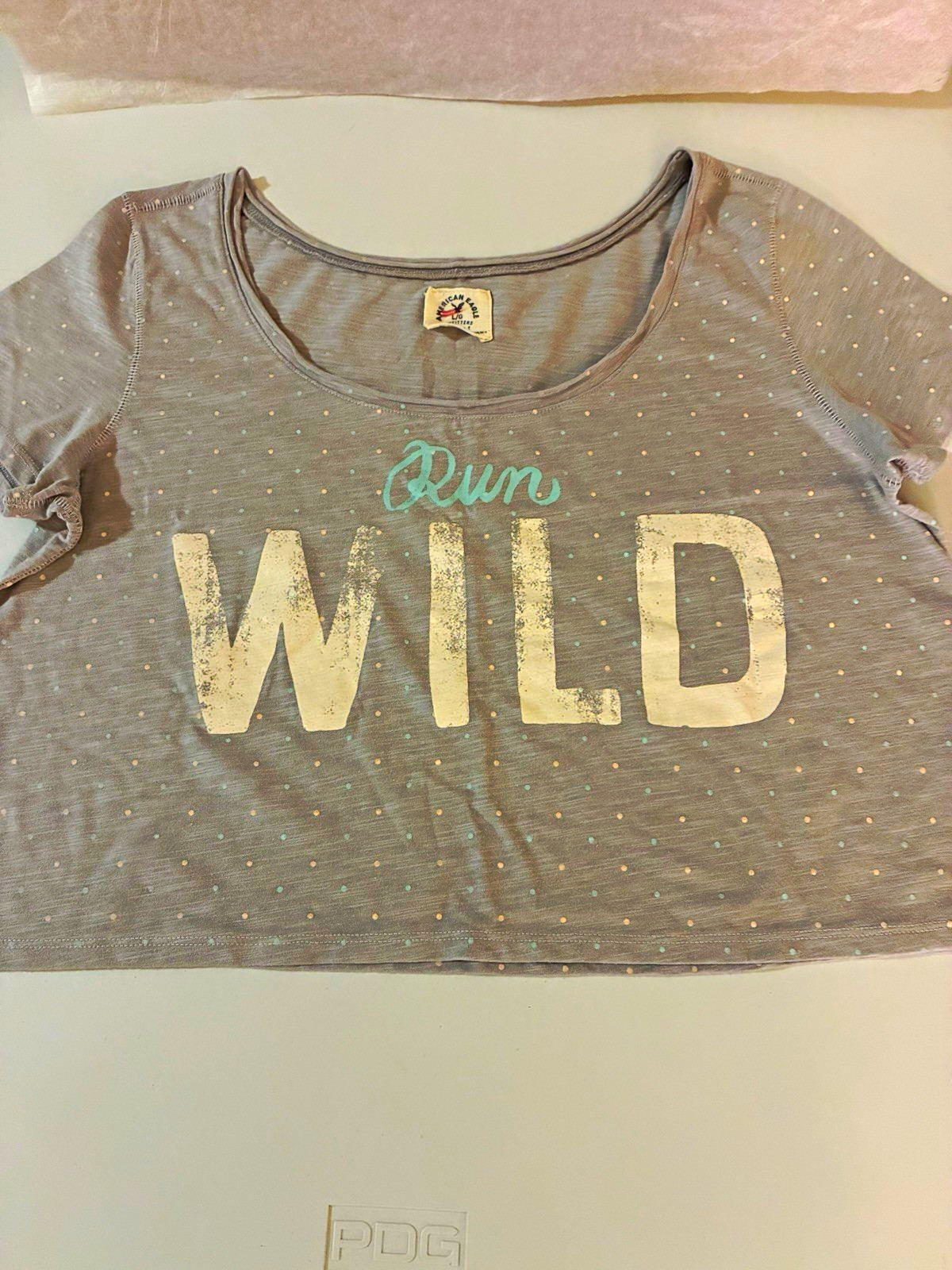 American Eagle Outfitters L/G Gray Polka Dot Run Wild Graphic Scoop Neck Tee