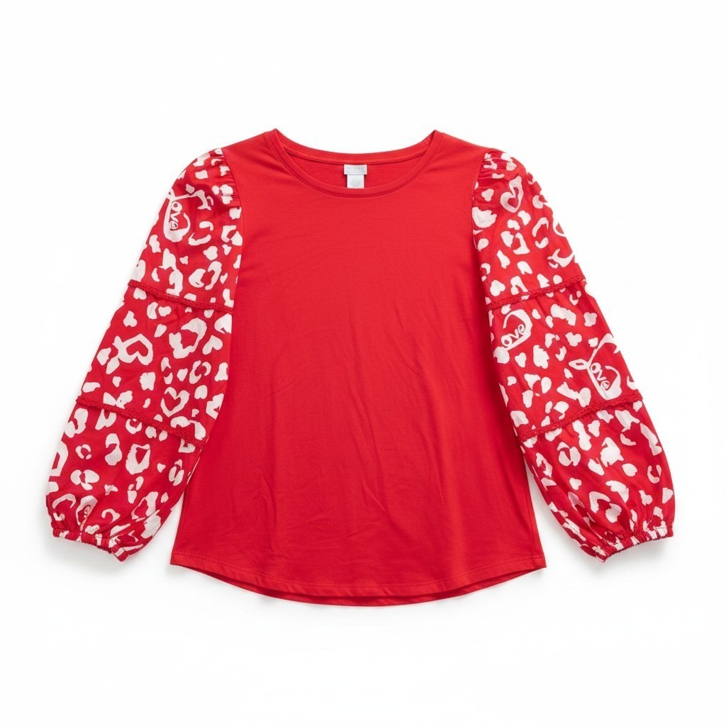 Chico’s Red Love Heart Print Balloon Sleeve Top Knit Mixed Media Size 1 M