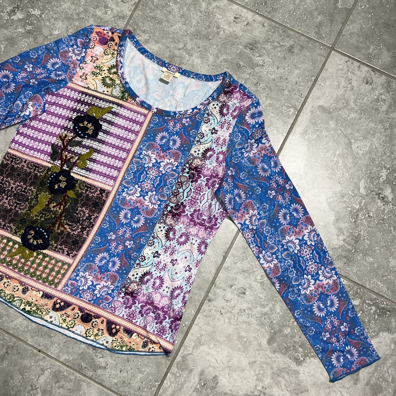 Sundance Poetic Patchwork Beaded Sequin Long Sleeve Floral Pullover Top Boho XL