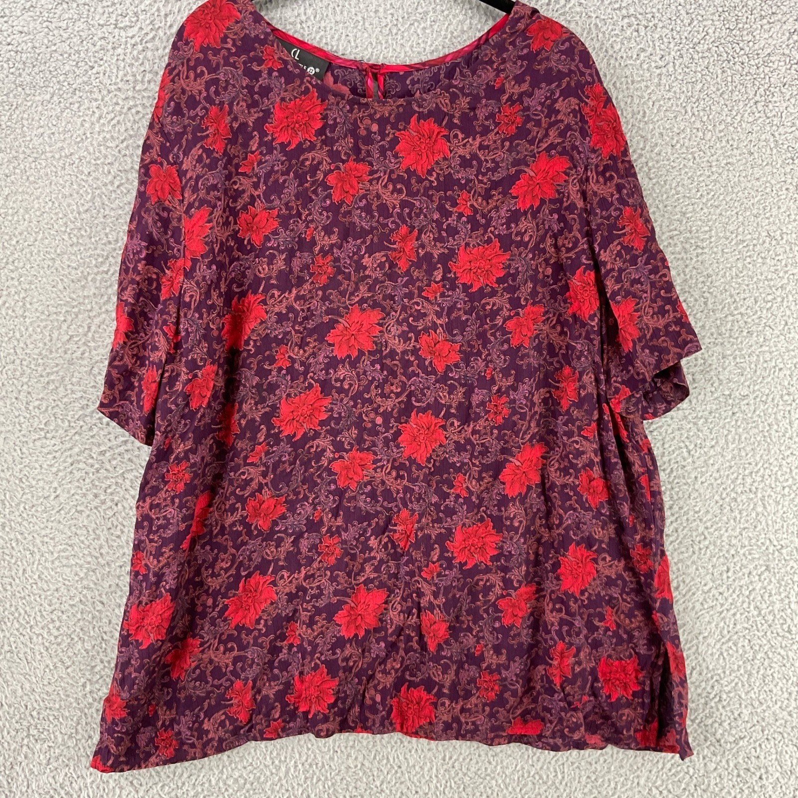 Carole Little Blouse Women 2X Purple Red Floral Rayon Short Sleeve Excellent