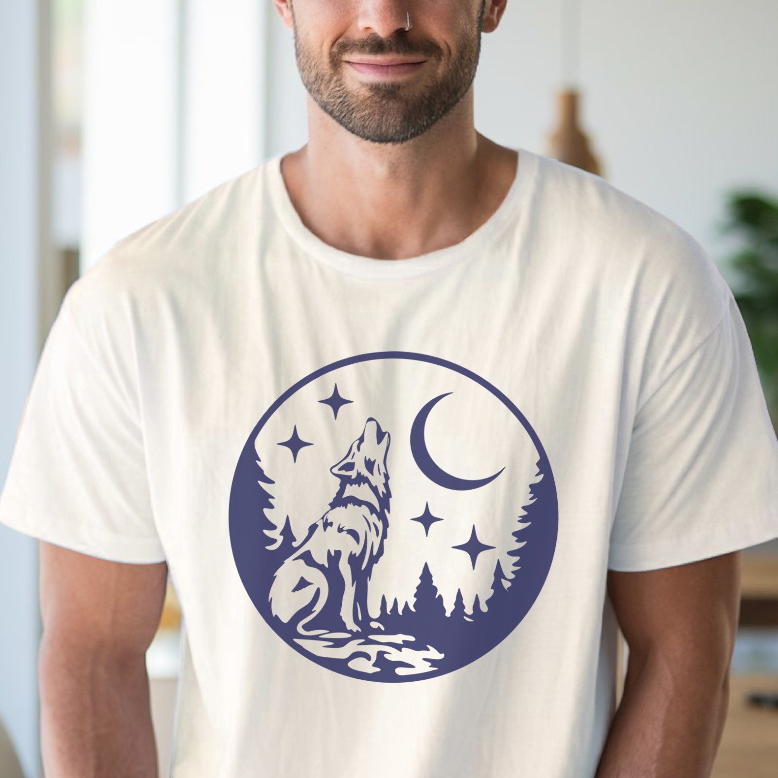 Wolf Howling Moon Graphic Shirt Forest Night Sky Animal Nature Tee