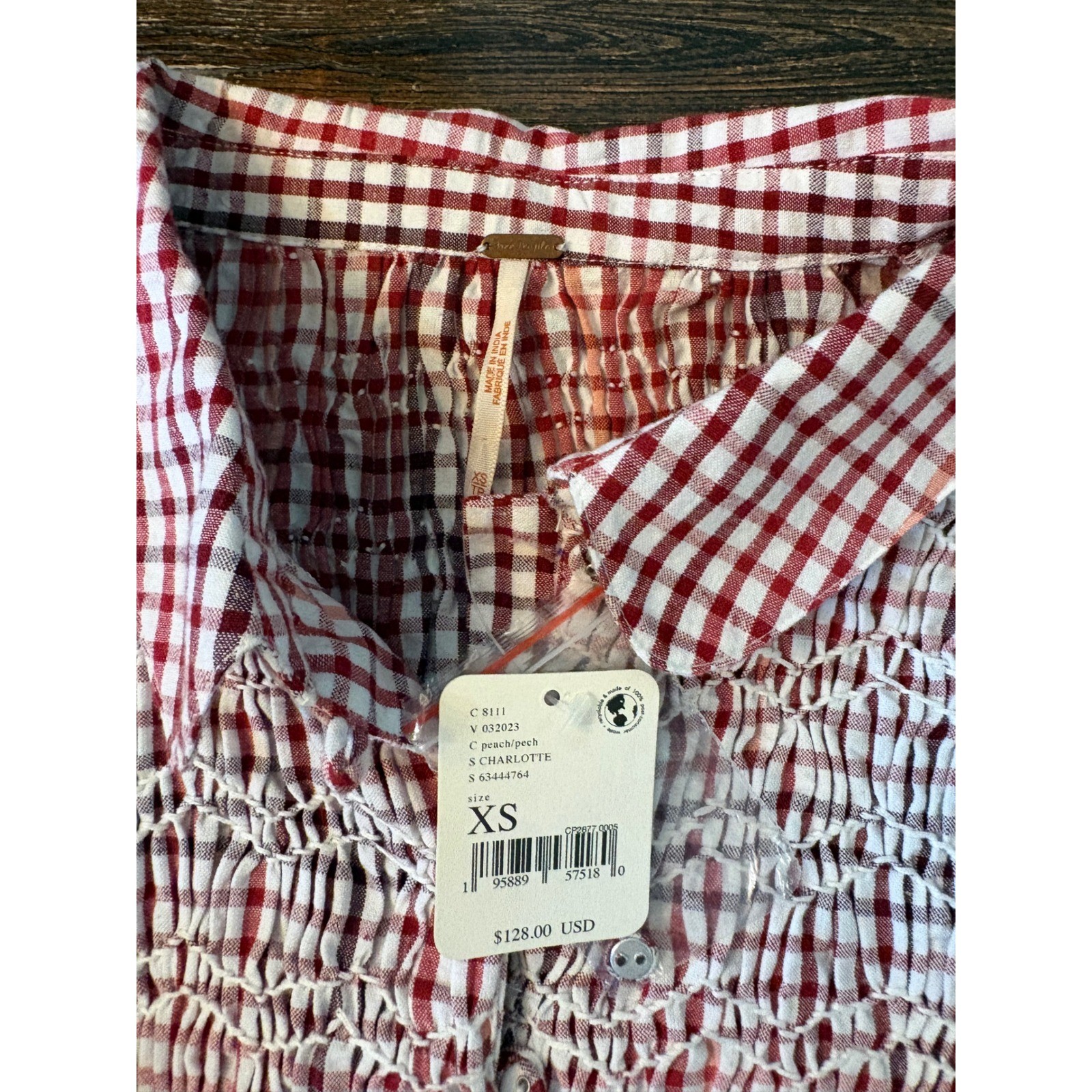Free People Charlotte Gingham Tunic Women XS Red White NEW Smocked Boho