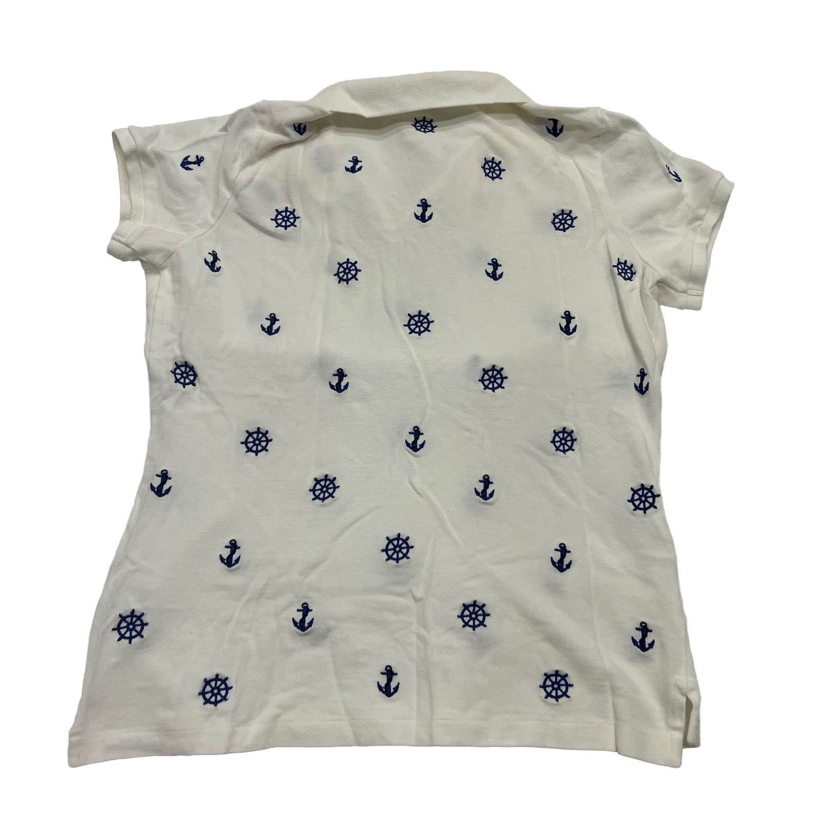Ralph Lauren Nautical Polo Shirt Womens Large White Navy Embroidered Anchors