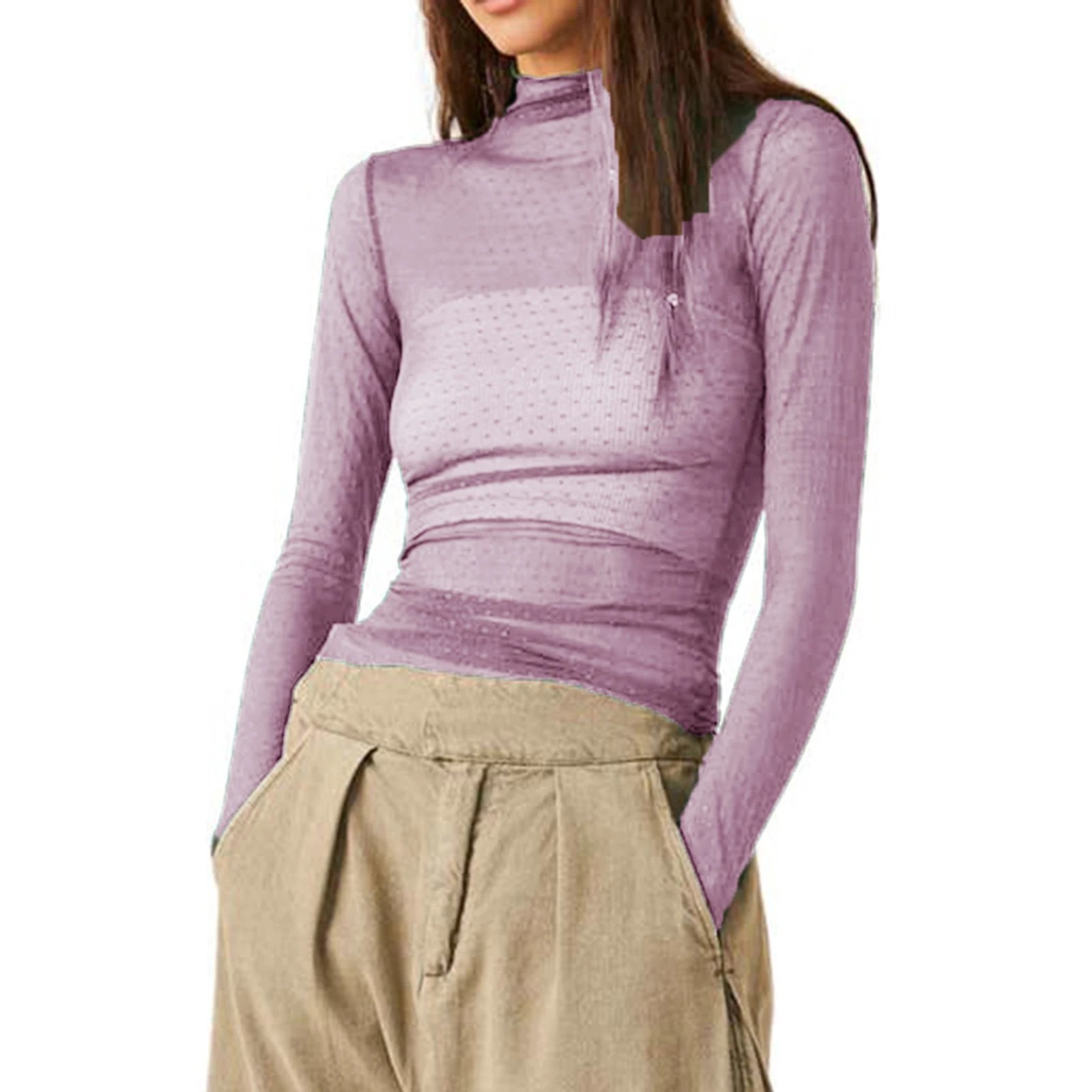 Women’s Mesh Polka Dot Turtleneck Top Long Sleeve Slim Fit Sheer Clubwear Shirt