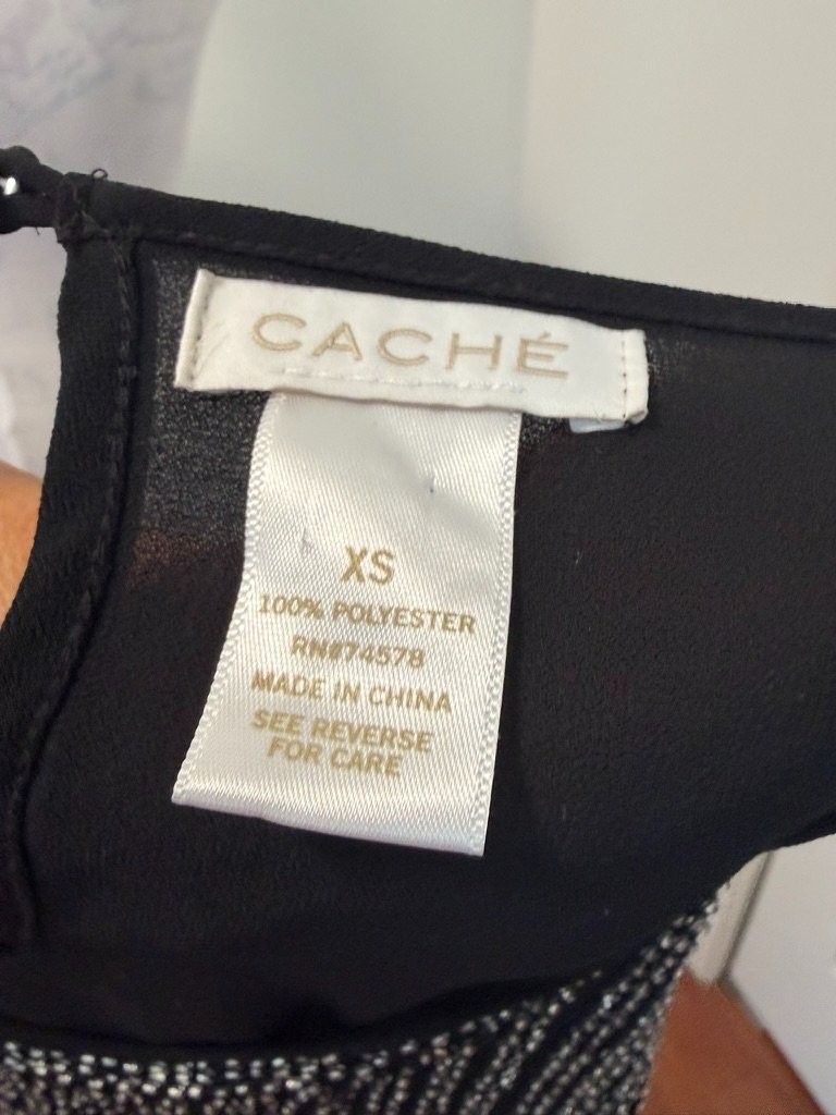 Cache Beaded Blouse Womens XS Black Silver Geometric Evening Cocktail Tank Top