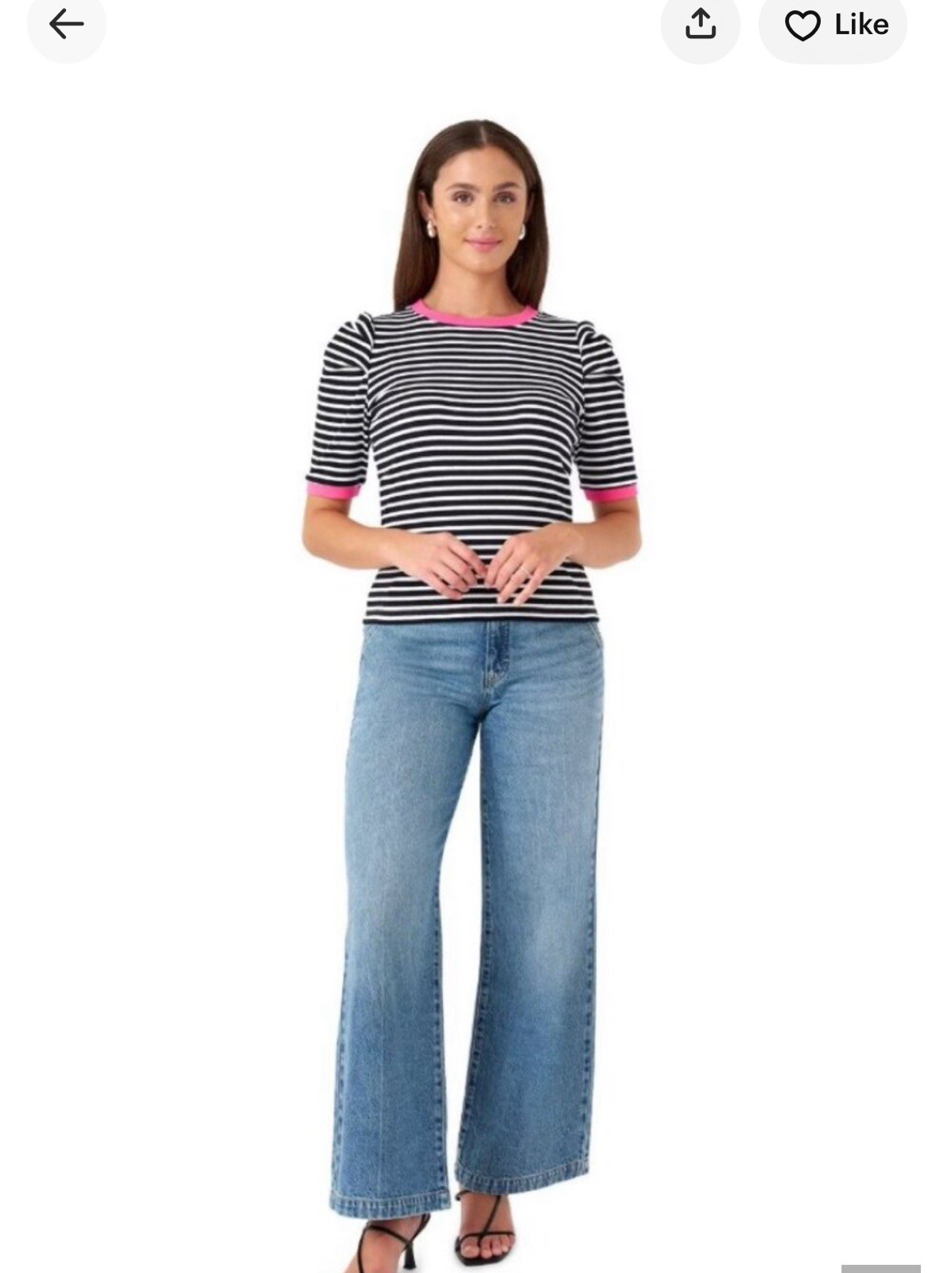 Rebecca Minkoff Black/White Striped Crew Neck Puff Sleeve Knit Tee Pink Trim
