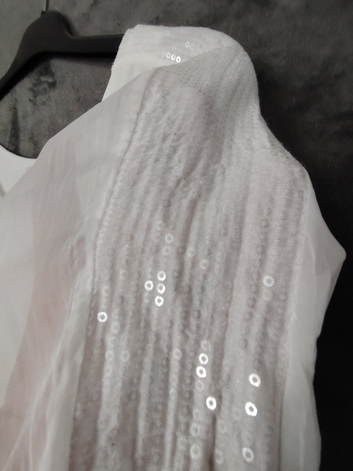 My Story… White Chiffon Overlay Dress S 3/4 Sleeve Ruffle Sequin Boho