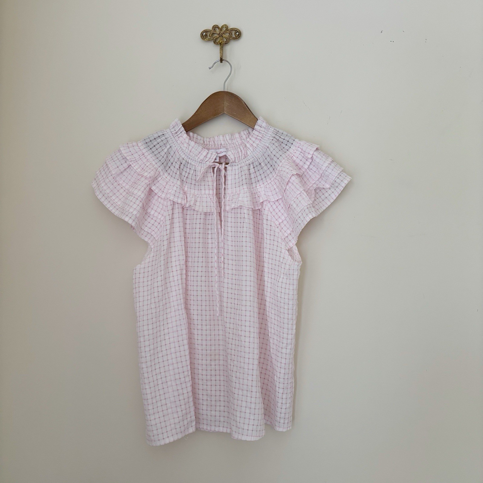 Meet Me in Santorini Pink Smocked Check Top Medium Romantic Ruffles